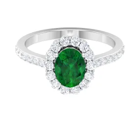 1 CT Oval shape Emerald Halo Engagement Ring with Diamond