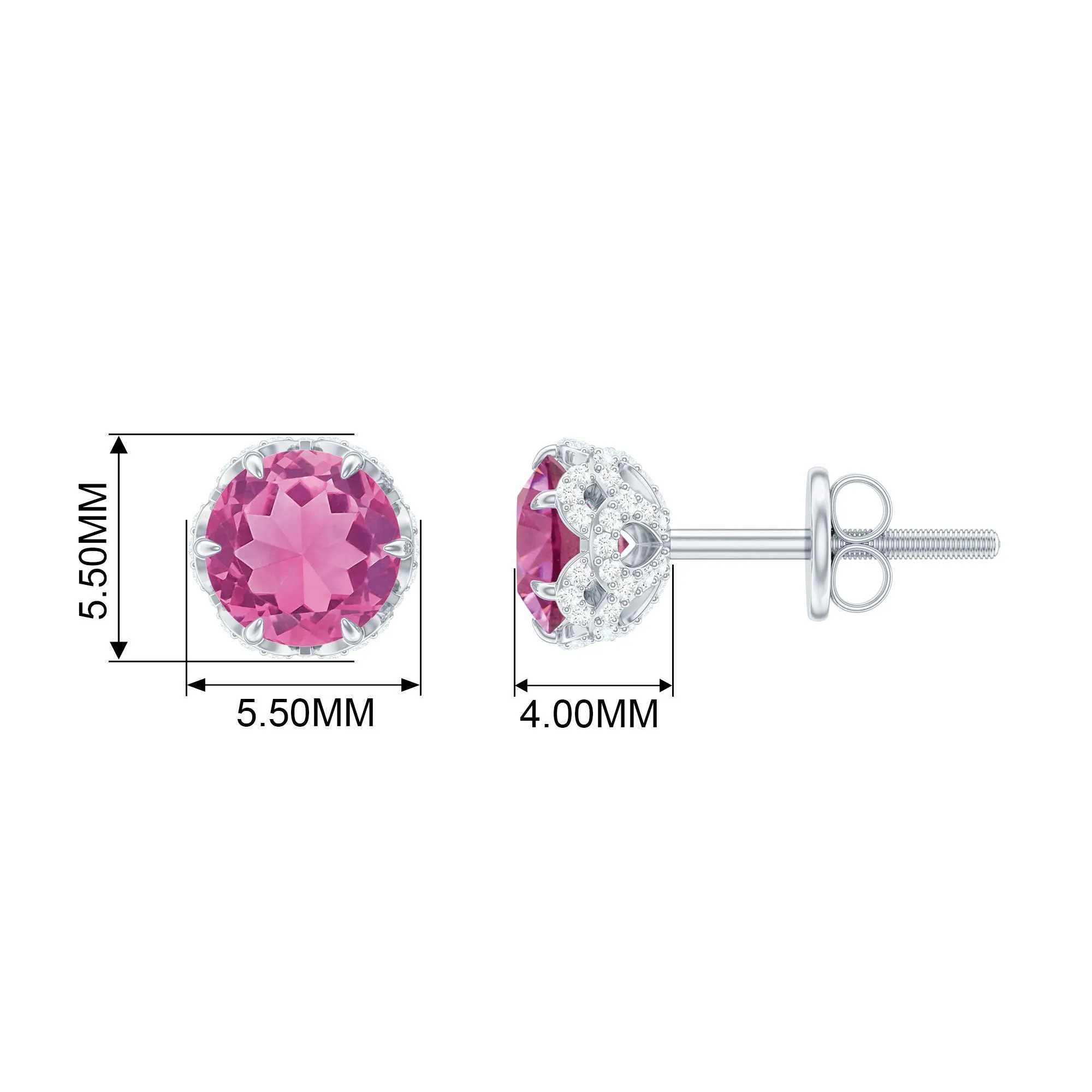 1.25 CT Claw Set Pink Tourmaline Solitaire and Diamond Stud Earrings