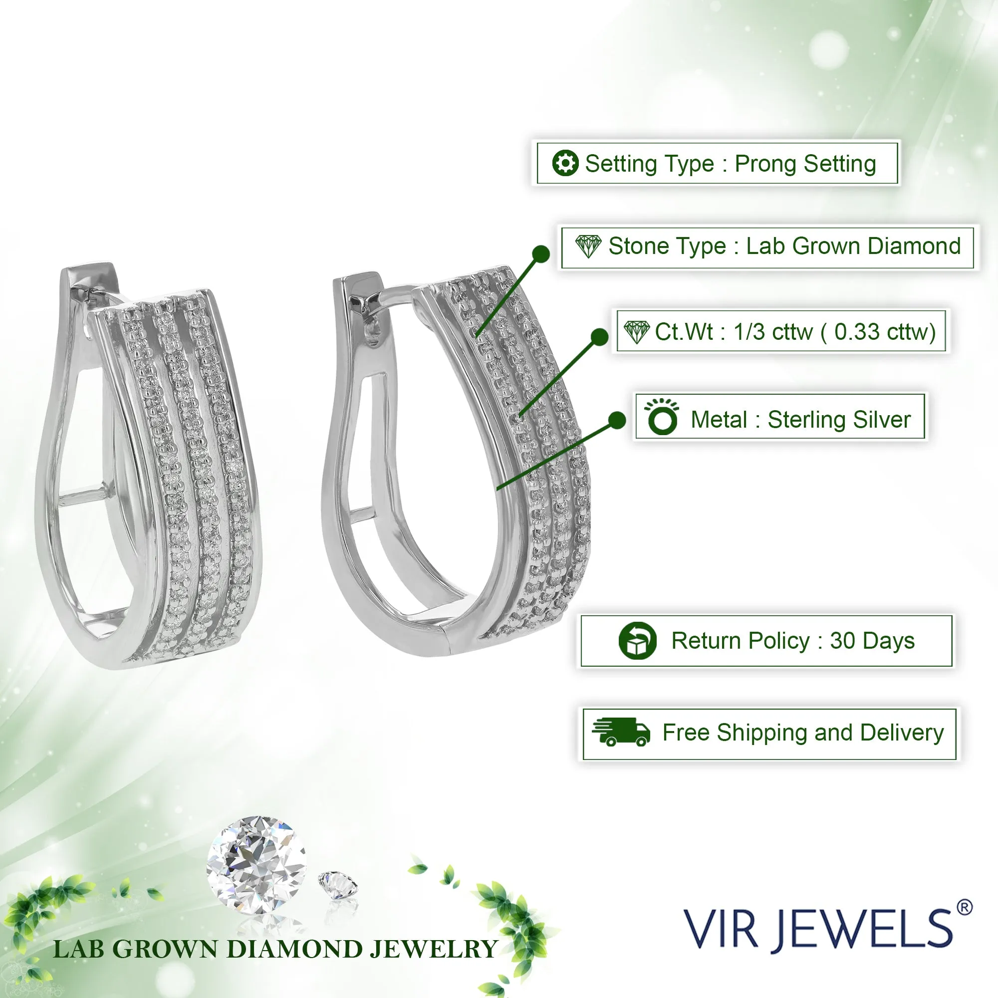 1/3 cttw Round Cut Lab Grown Diamond Hoop Earrings in .925 Sterling Silver Prong Set 3/4 Inch