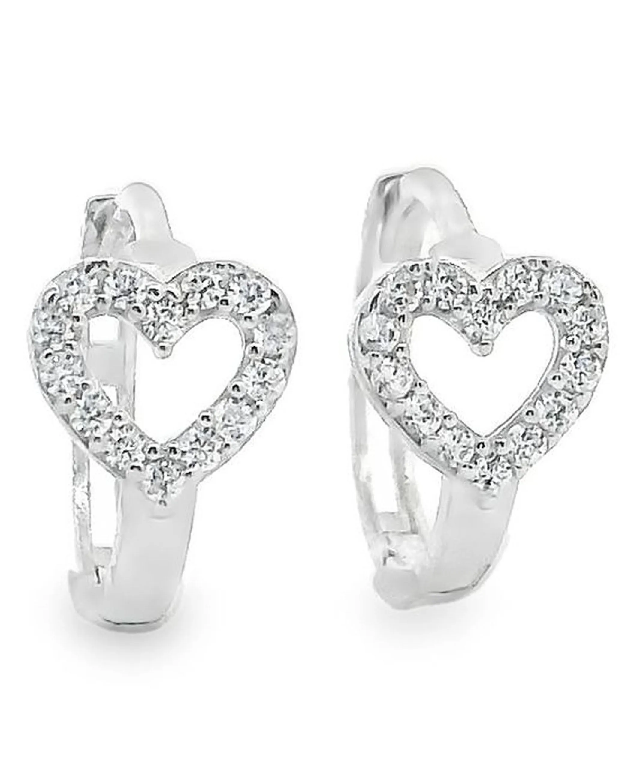 14K White Gold Open Heart Huggie Hoop Earrings With CZ
