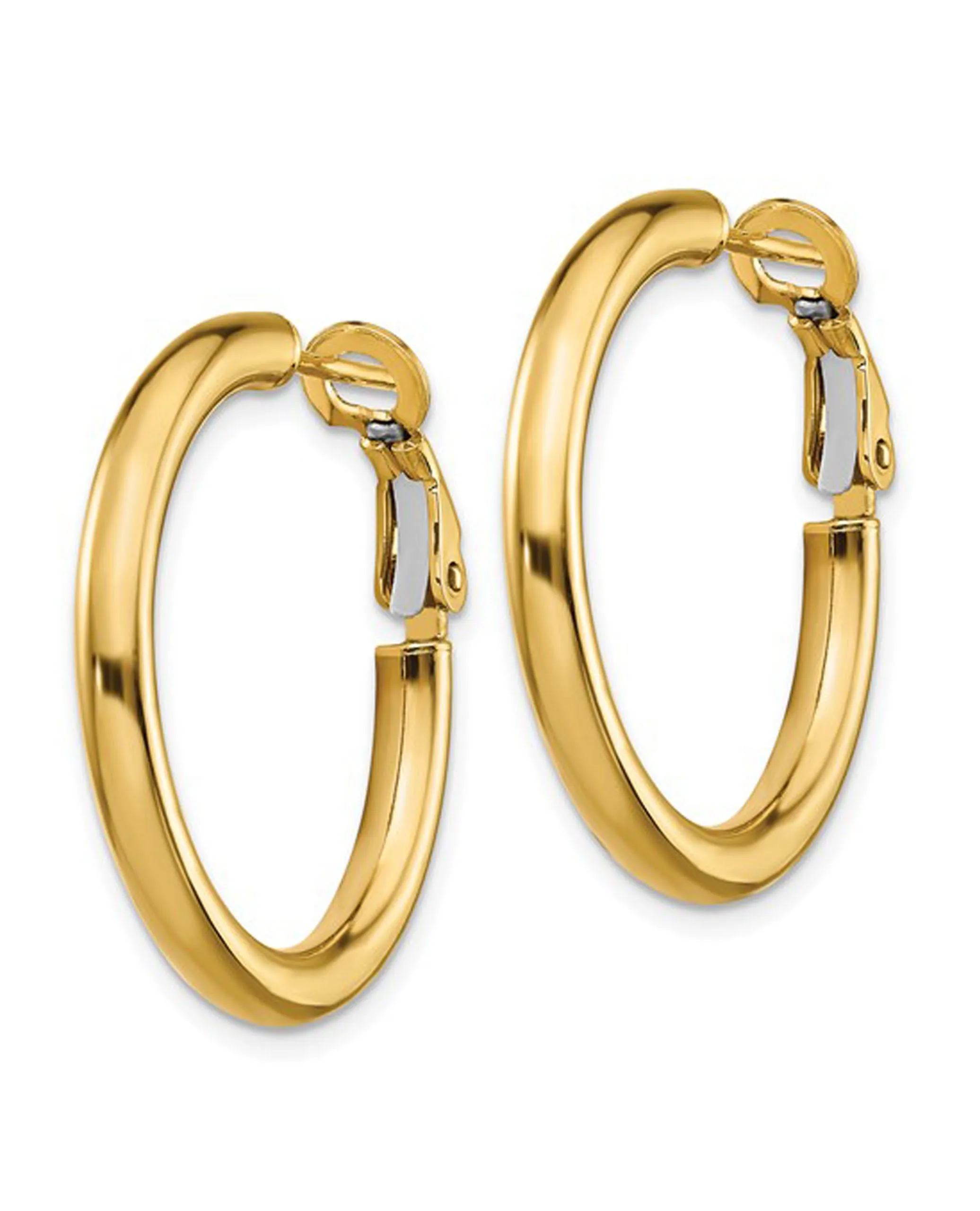 14K Yellow Gold Round Omega Back Hoop Earrings- 3x25mm