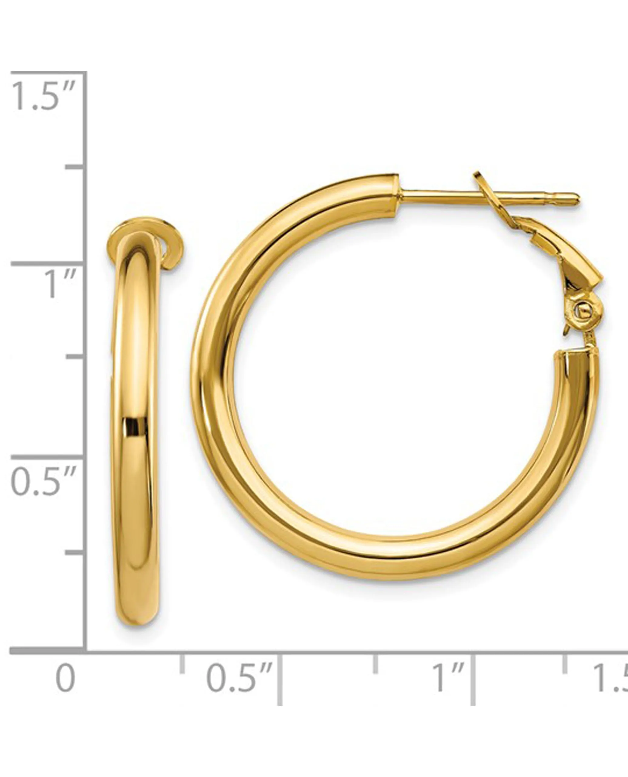 14K Yellow Gold Round Omega Back Hoop Earrings- 3x25mm