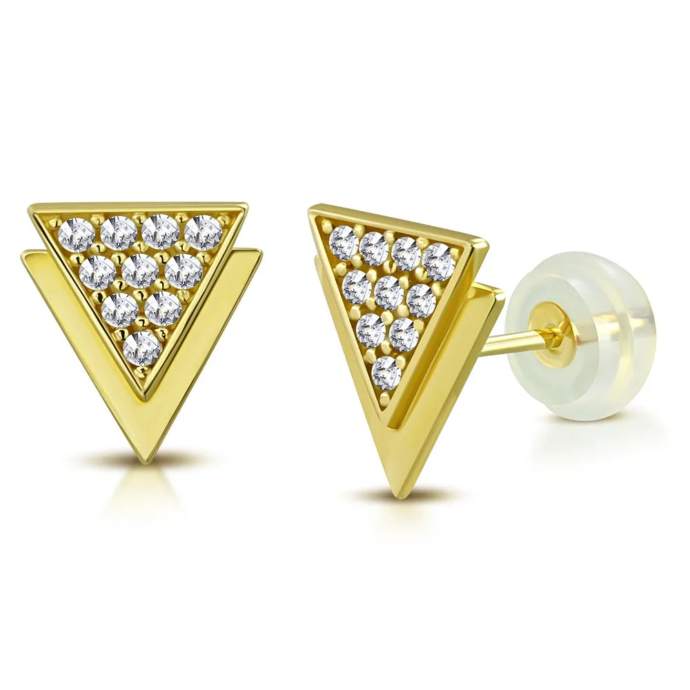 14K Yellow Gold Triangle White Clear CZ Small Girls Stud Earrings, 0.25"
