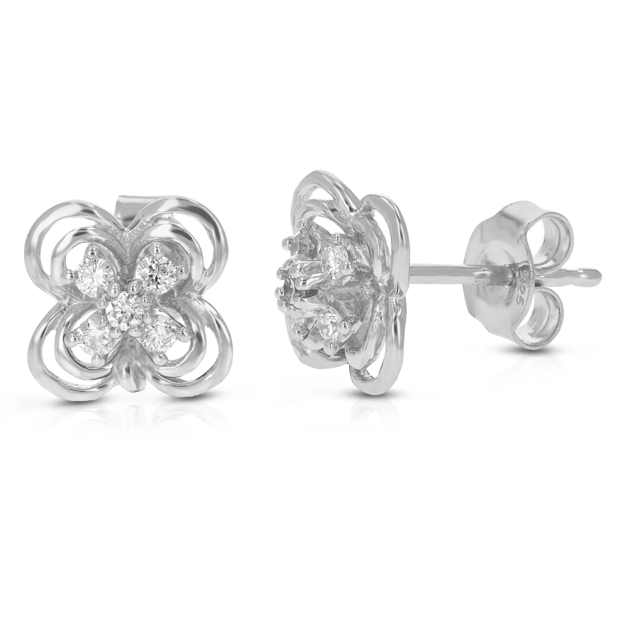 1/5 cttw Round Lab Grown Diamond Stud Earrings .925 Sterling Silver Prong Set Floral Design