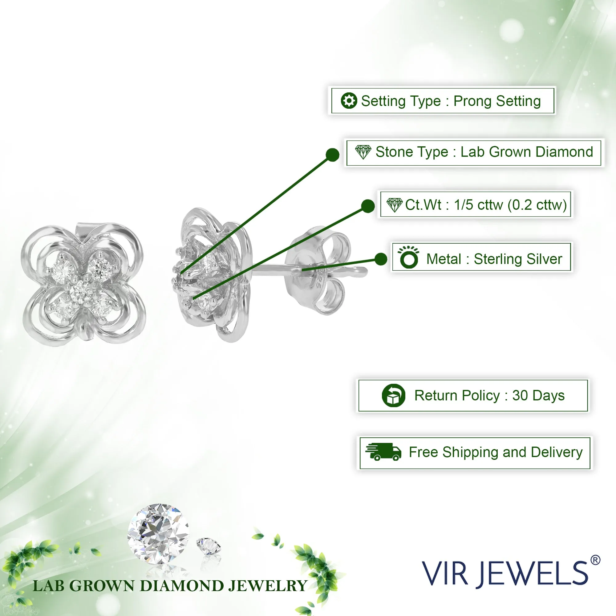 1/5 cttw Round Lab Grown Diamond Stud Earrings .925 Sterling Silver Prong Set Floral Design