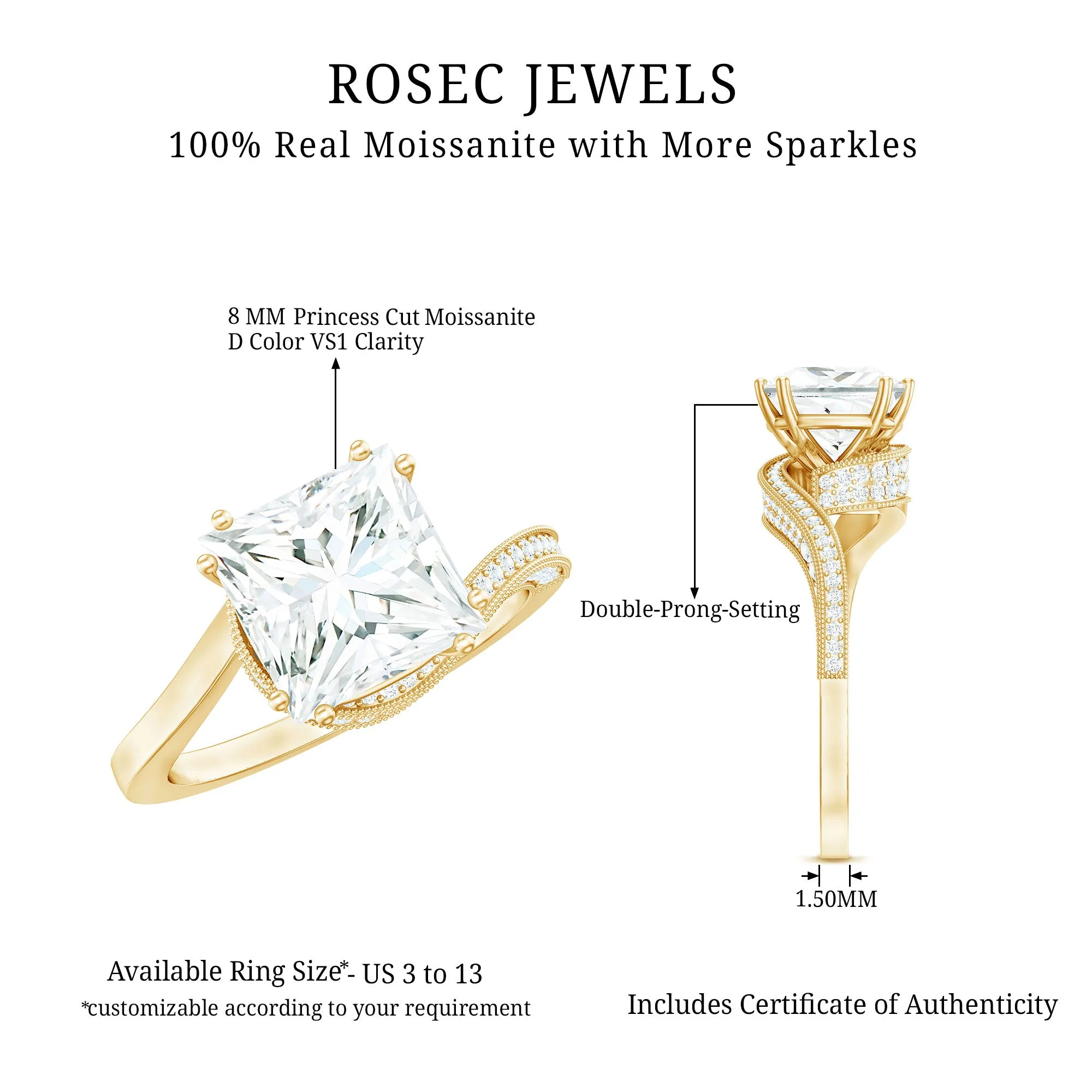 3.75 CT Bypass Engagement Ring with Moissanite and Milgrain Detailing