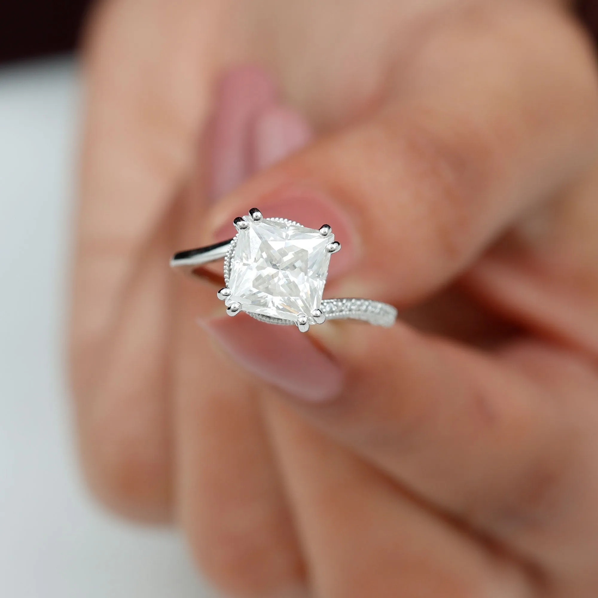 3.75 CT Bypass Engagement Ring with Moissanite and Milgrain Detailing