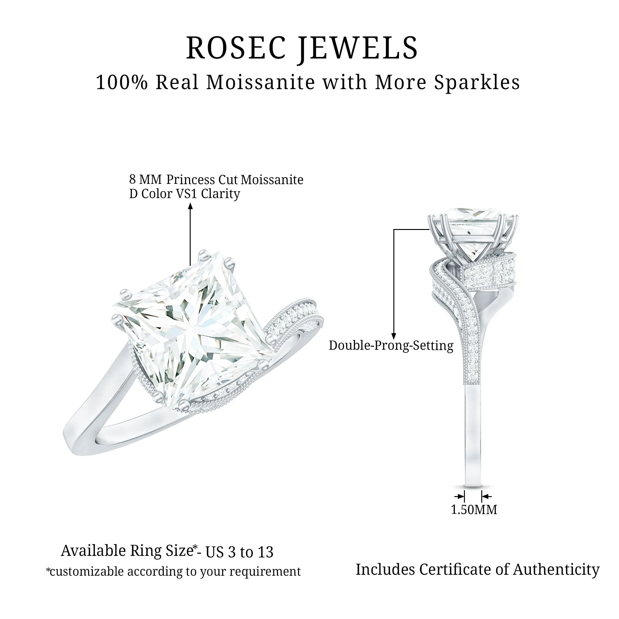 3.75 CT Bypass Engagement Ring with Moissanite and Milgrain Detailing