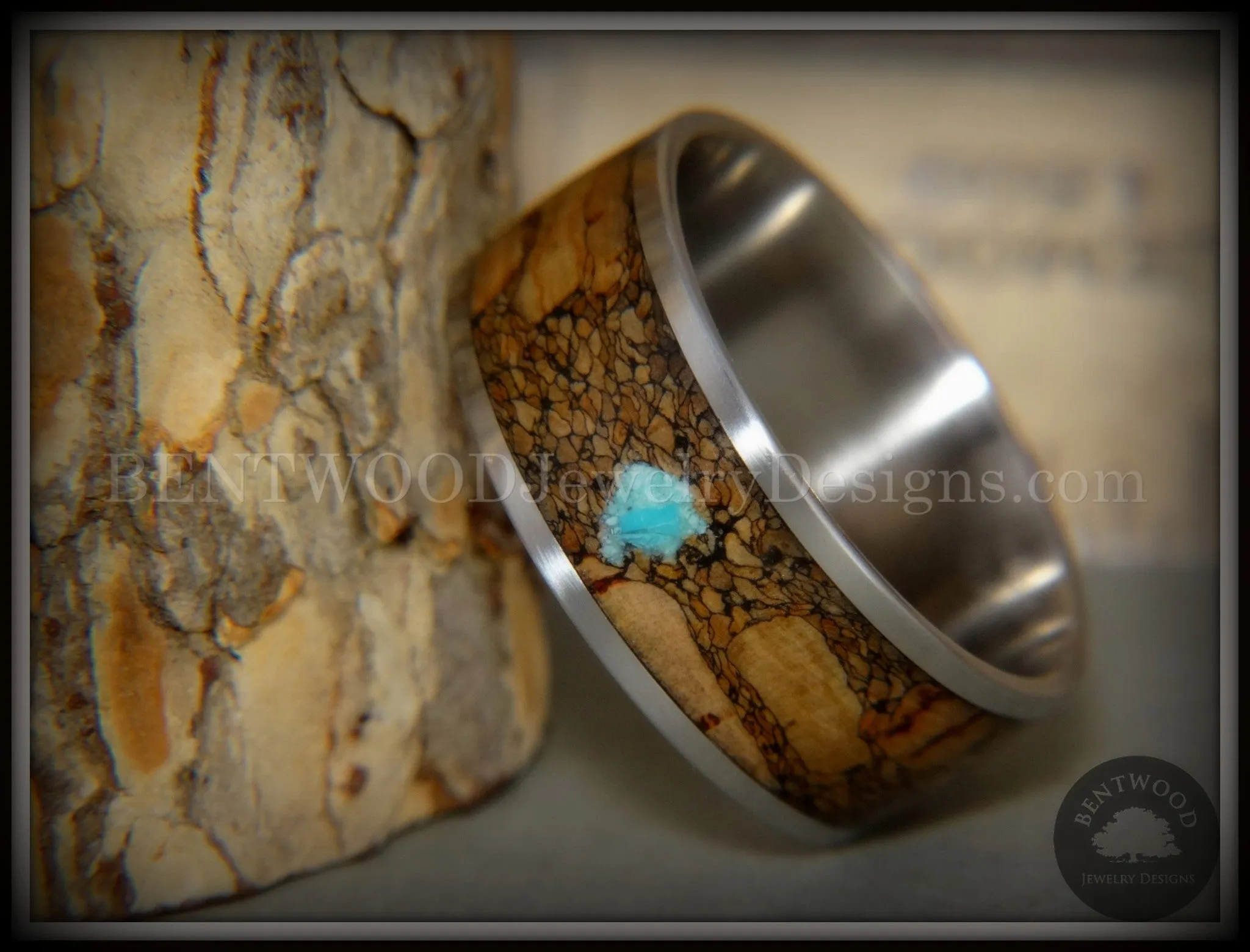 Bentwood Ring - "Figured Brown Turquoise" Rare Mediterranean Oak Burl Wood Ring on Surgical Grade Stainless Steel Comfort Fit Core