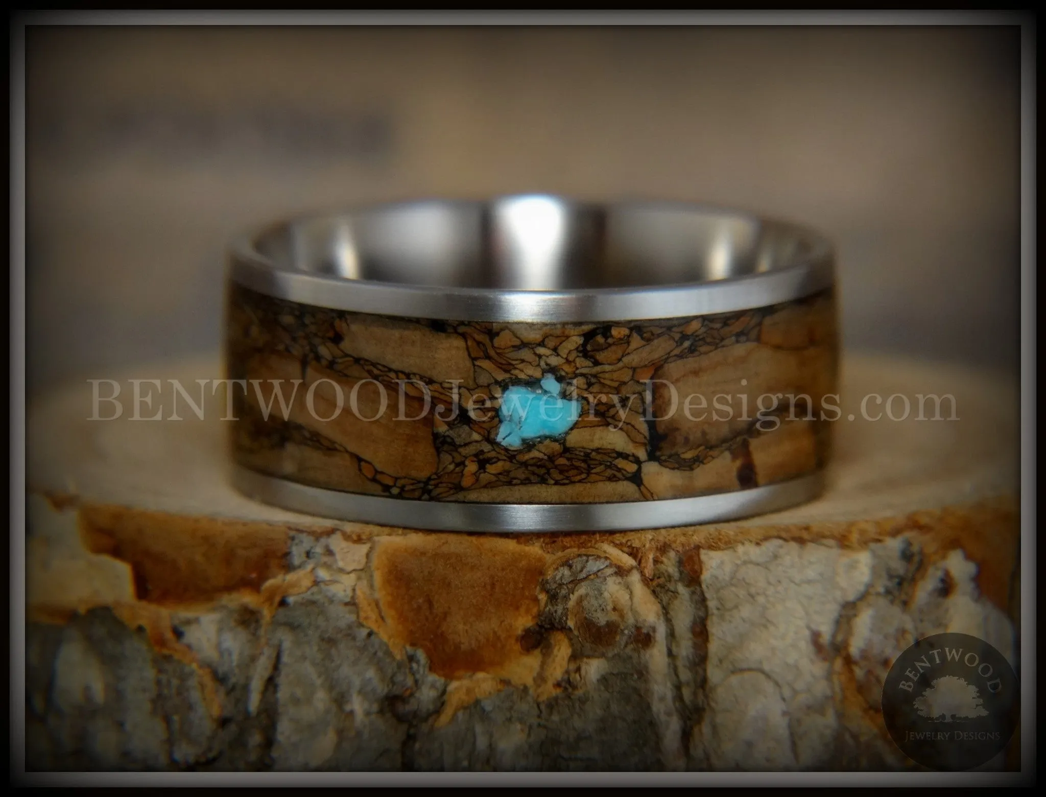 Bentwood Ring - "Figured Brown Turquoise" Rare Mediterranean Oak Burl Wood Ring on Surgical Grade Stainless Steel Comfort Fit Core