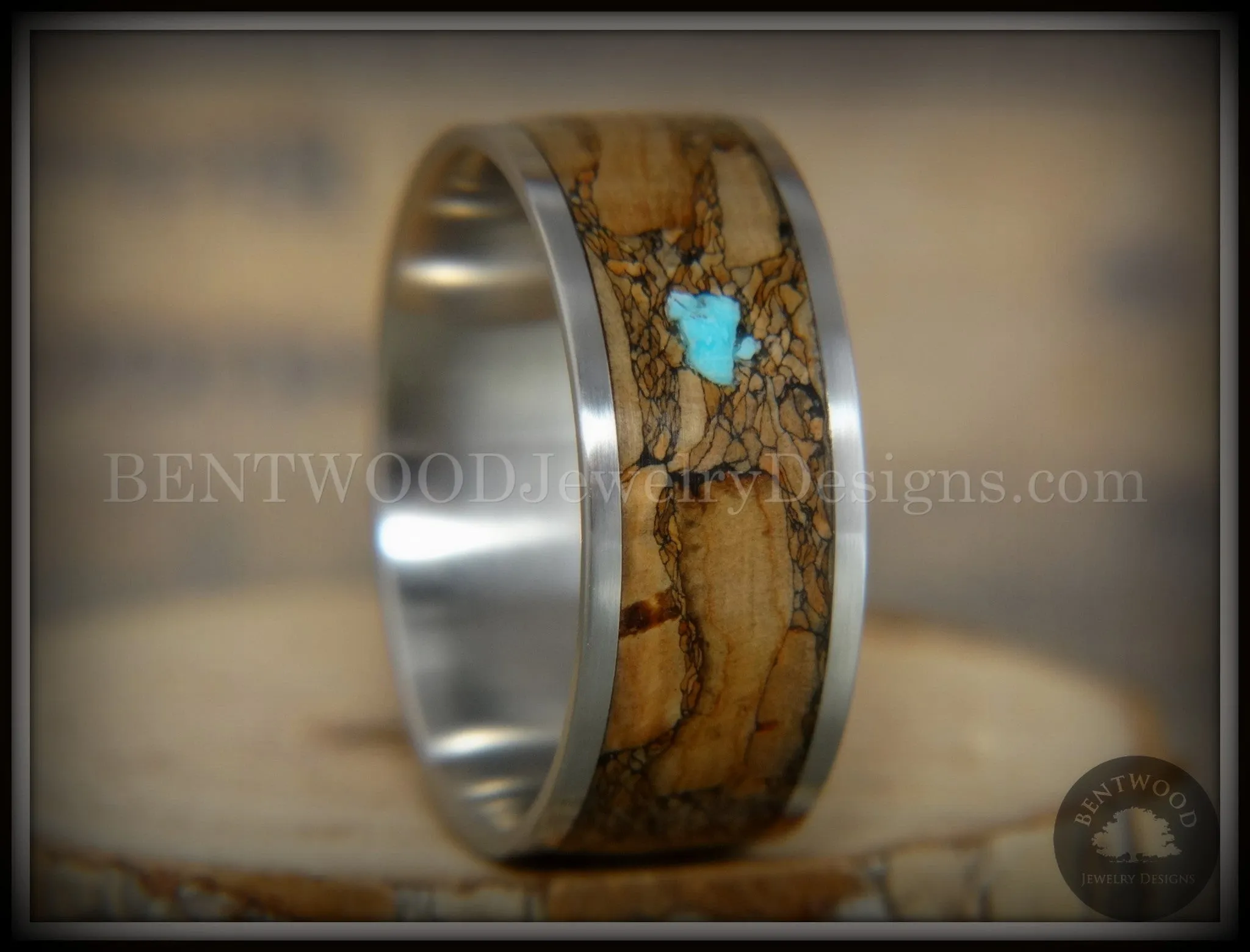 Bentwood Ring - "Figured Brown Turquoise" Rare Mediterranean Oak Burl Wood Ring on Surgical Grade Stainless Steel Comfort Fit Core