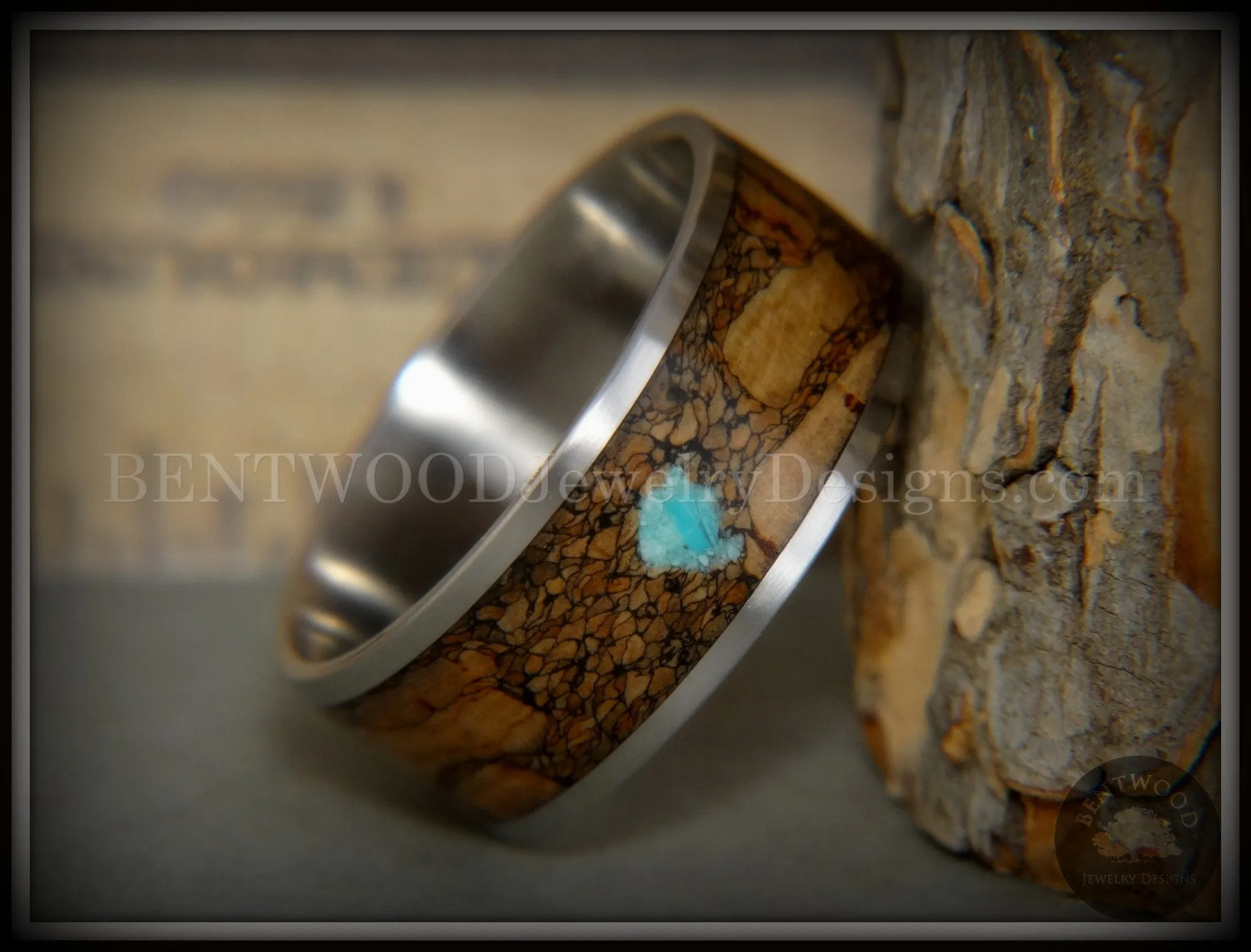 Bentwood Ring - "Figured Brown Turquoise" Rare Mediterranean Oak Burl Wood Ring on Surgical Grade Stainless Steel Comfort Fit Core
