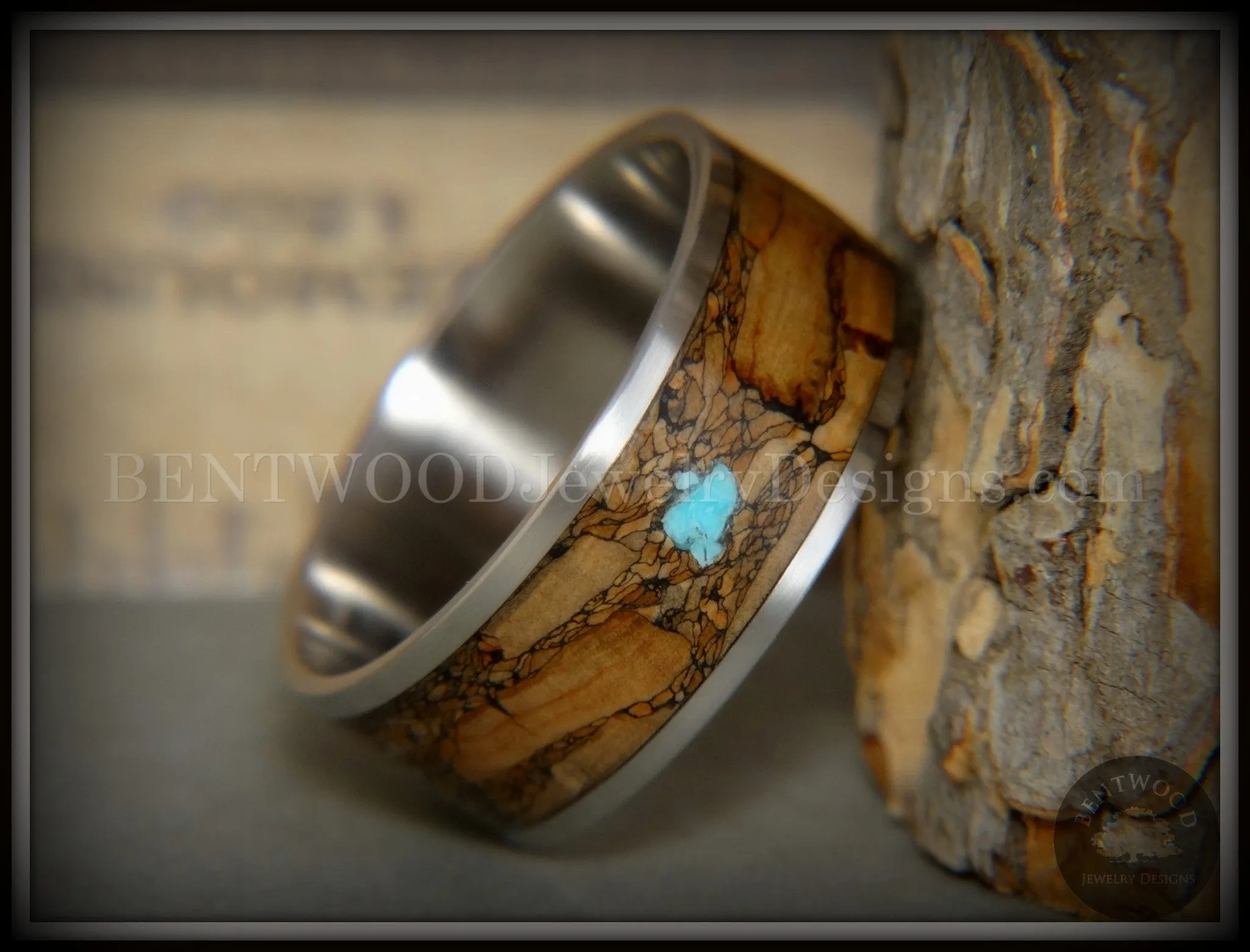 Bentwood Ring - "Figured Brown Turquoise" Rare Mediterranean Oak Burl Wood Ring on Surgical Grade Stainless Steel Comfort Fit Core