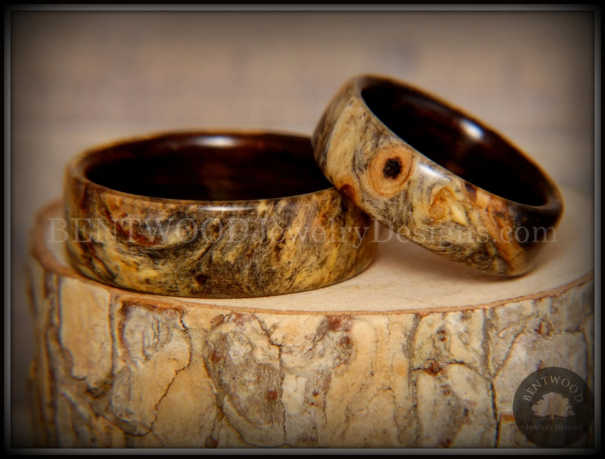Bentwood Rings Set - "Buckeye Pair" California Buckeye Burl on Ebony Wood Core Set