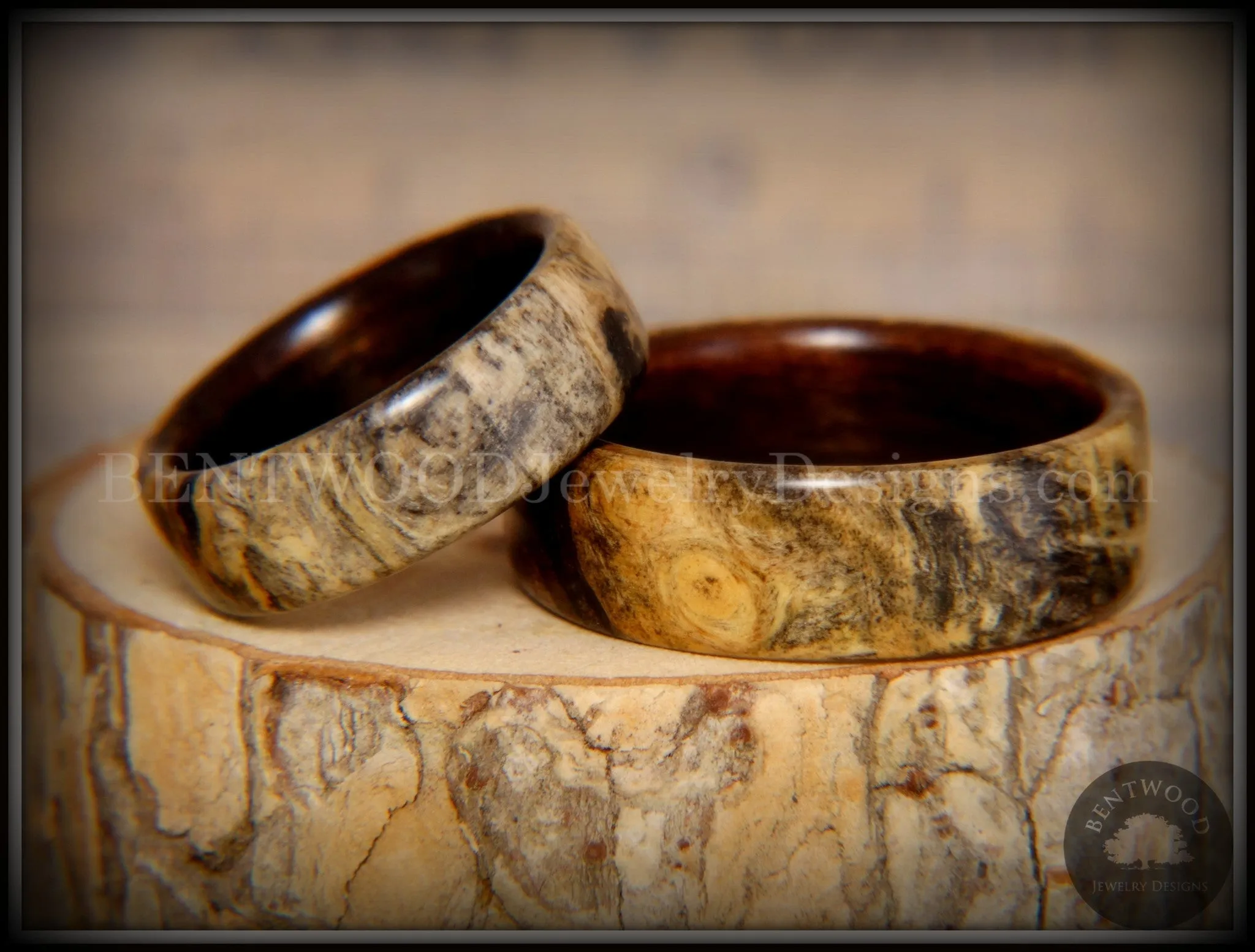 Bentwood Rings Set - "Buckeye Pair" California Buckeye Burl on Ebony Wood Core Set