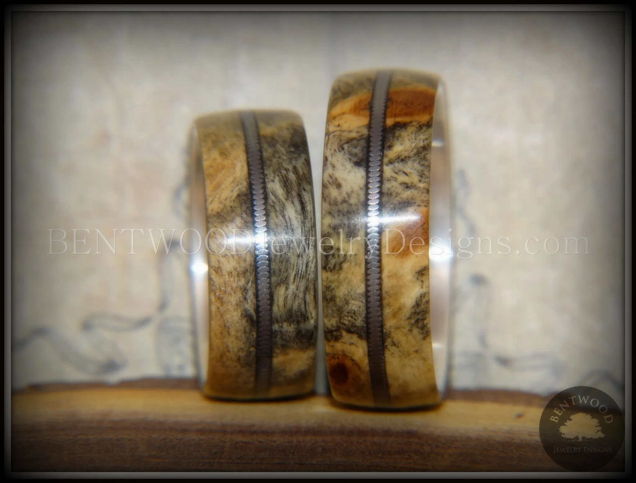 Bentwood Rings Set - "California" Buckeye Burl Rings on Silver Core with Electric Guitar String Inlay