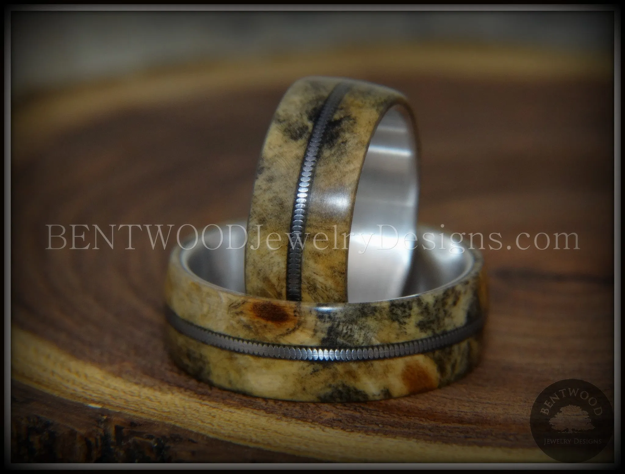 Bentwood Rings Set - "California" Buckeye Burl Rings on Silver Core with Electric Guitar String Inlay