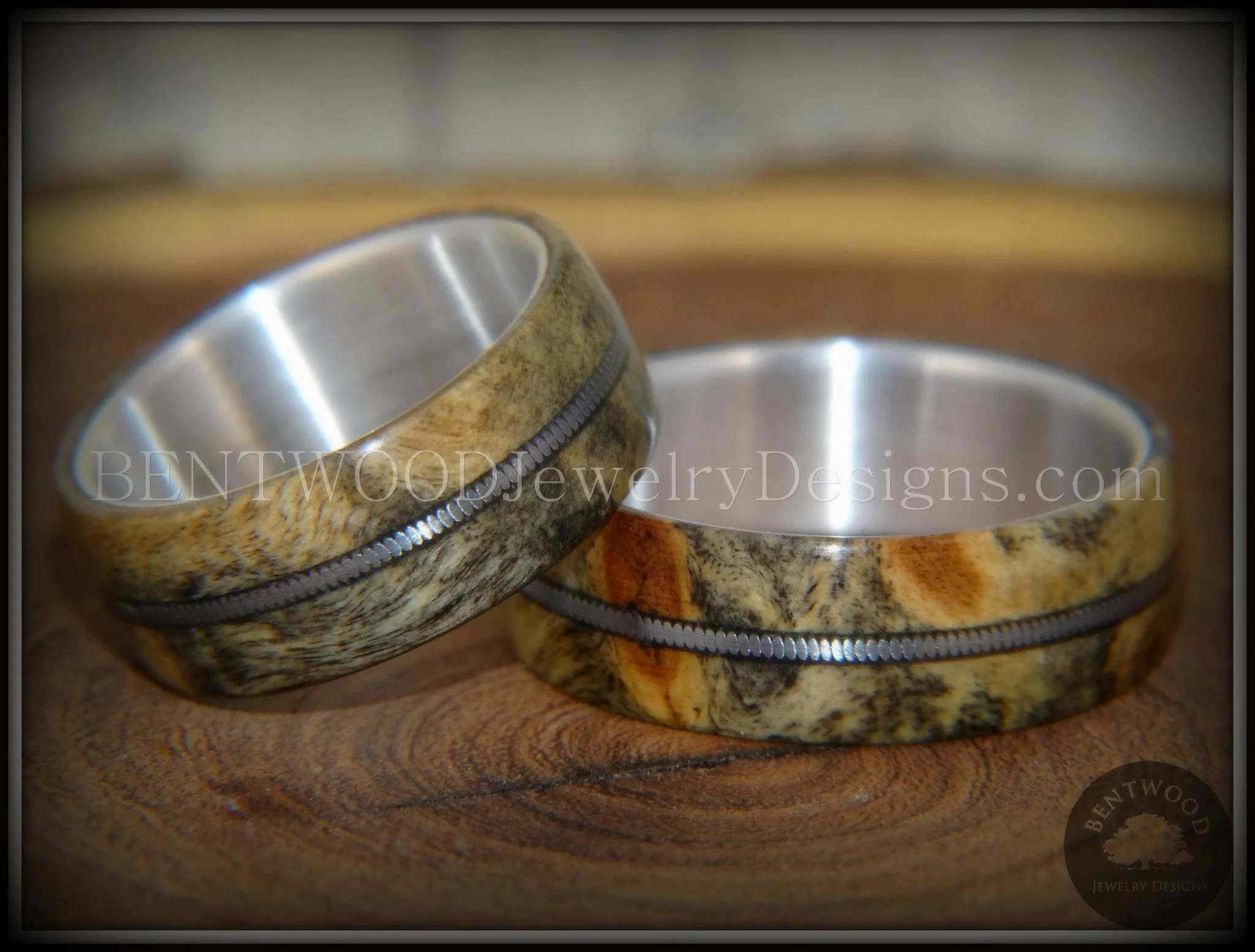 Bentwood Rings Set - "California" Buckeye Burl Rings on Silver Core with Electric Guitar String Inlay