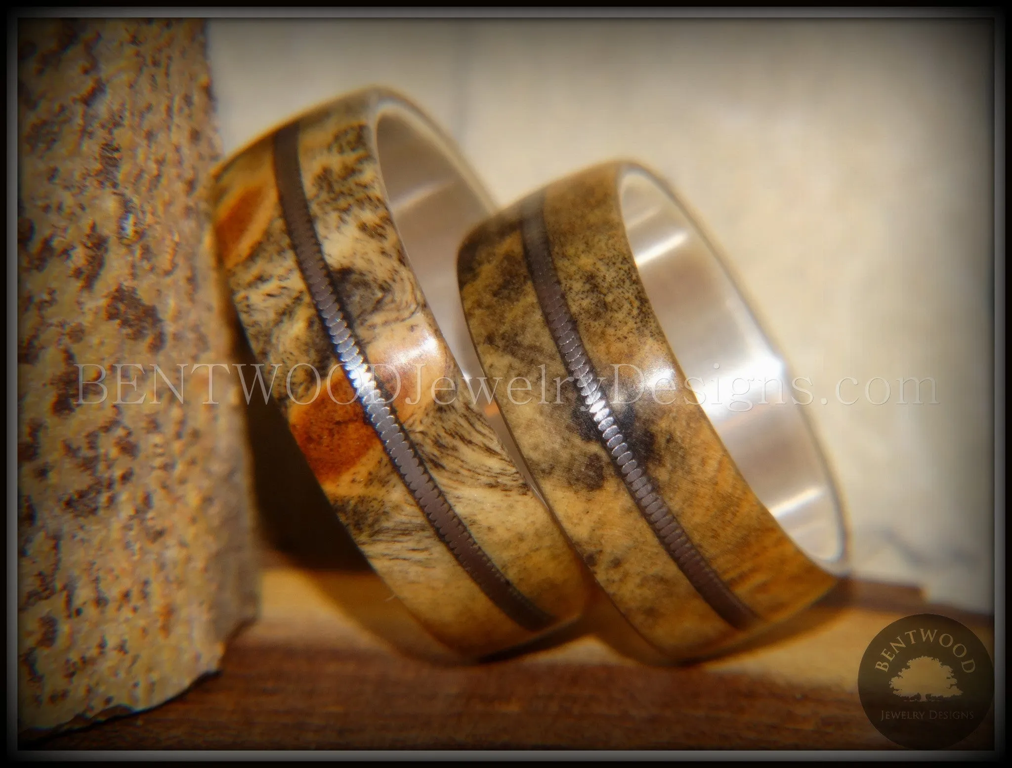 Bentwood Rings Set - "California" Buckeye Burl Rings on Silver Core with Electric Guitar String Inlay