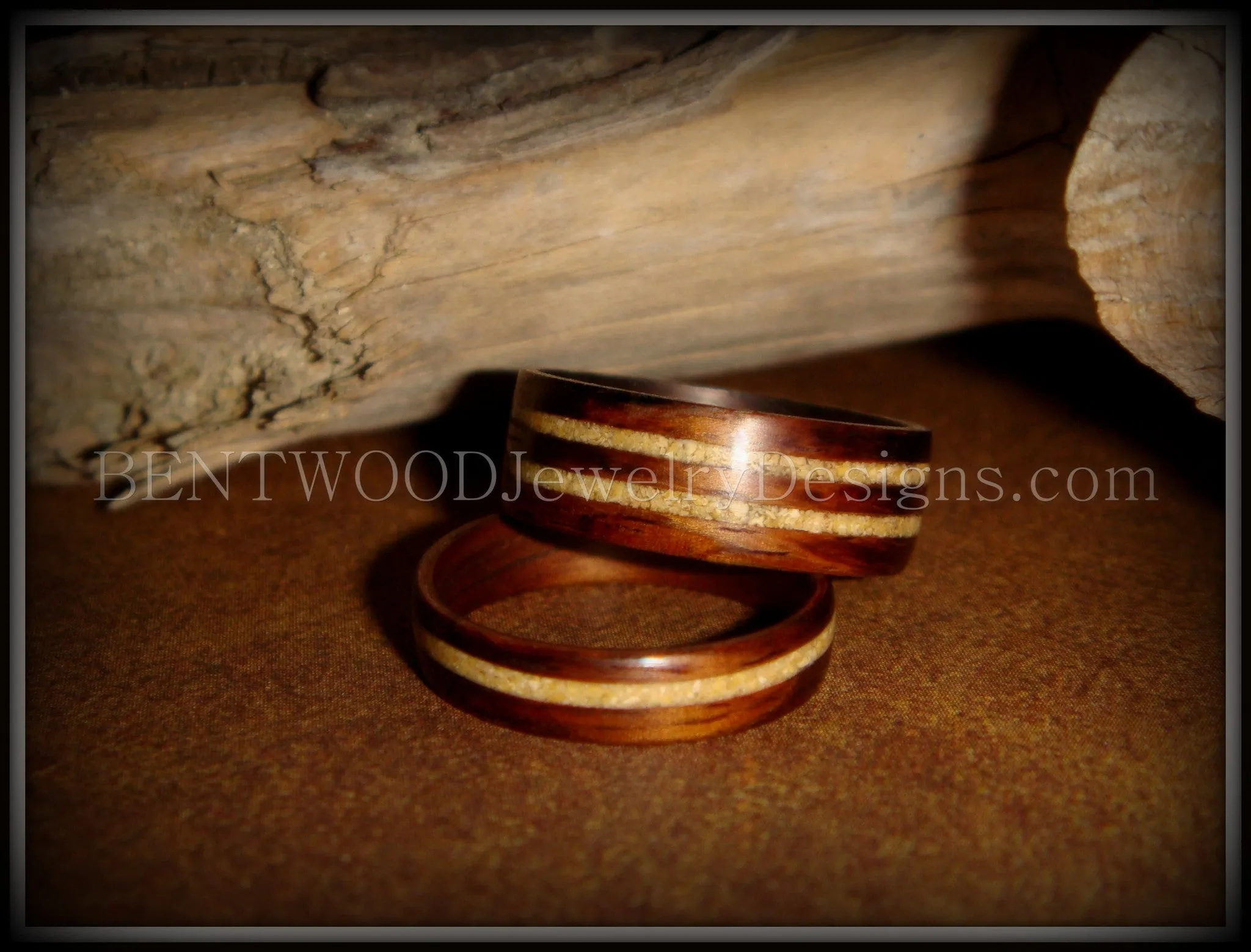 Bentwood Rings Set - Rosewood Wooden Ring Set with Fossil Inlays
