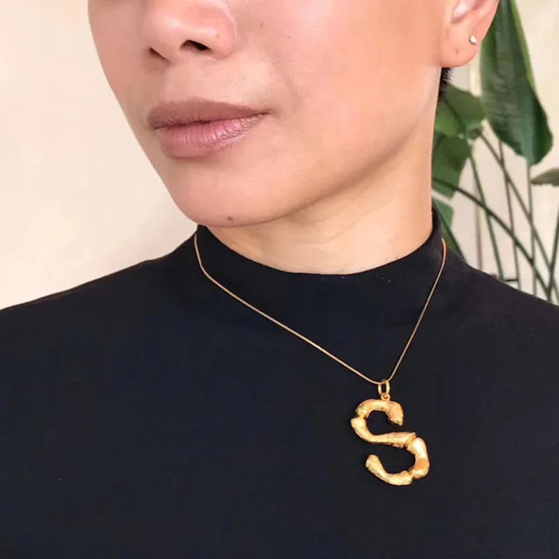 Big Metal Bamboo Pattern Alphabet Necklaces