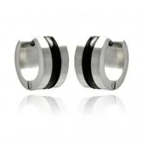 Black Striped Huggie Hoop Stainless Steel Earrings - For Men or Women