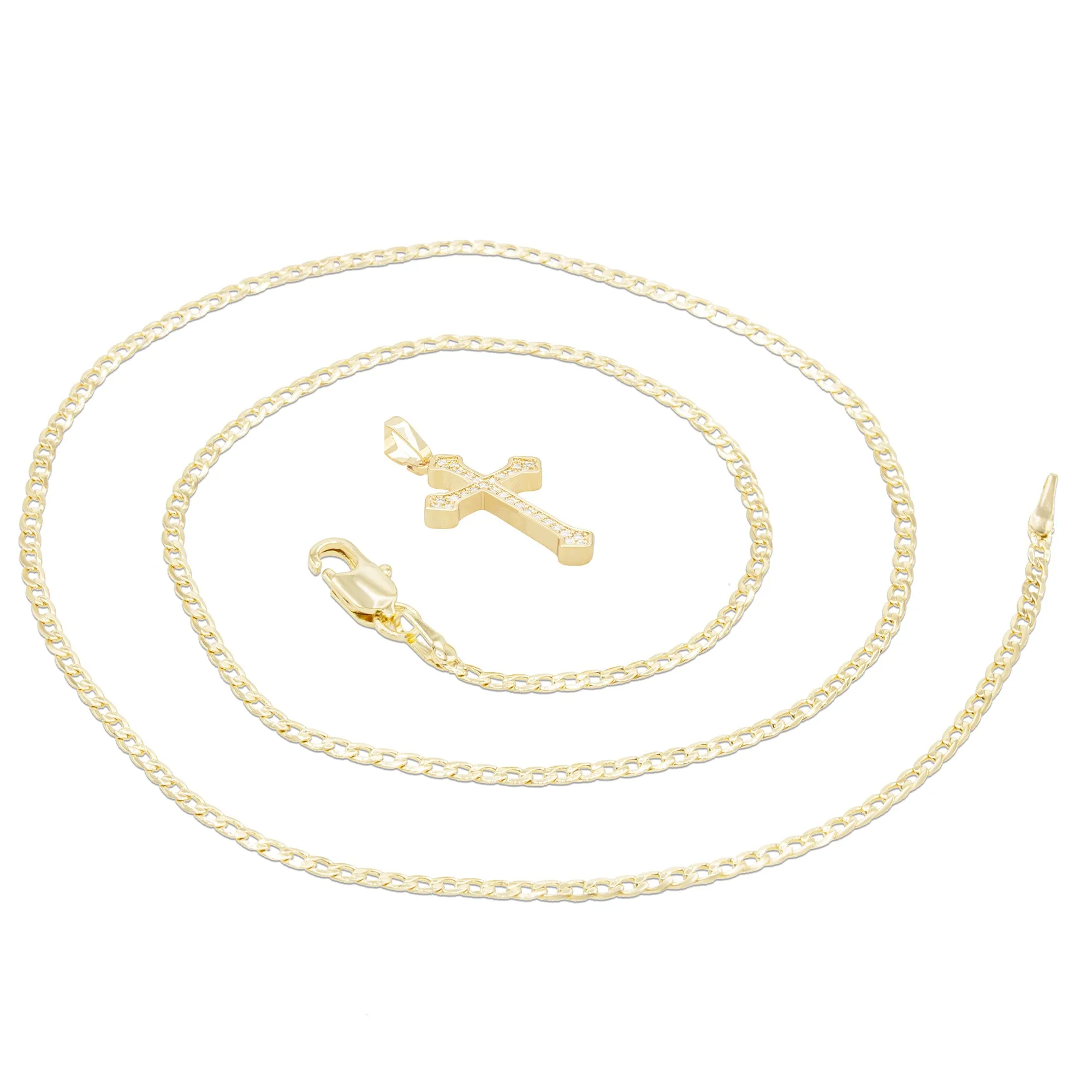 Cross 10 Cubic Zirconia Pendant 14K Gold Filled Chain Necklace Set
