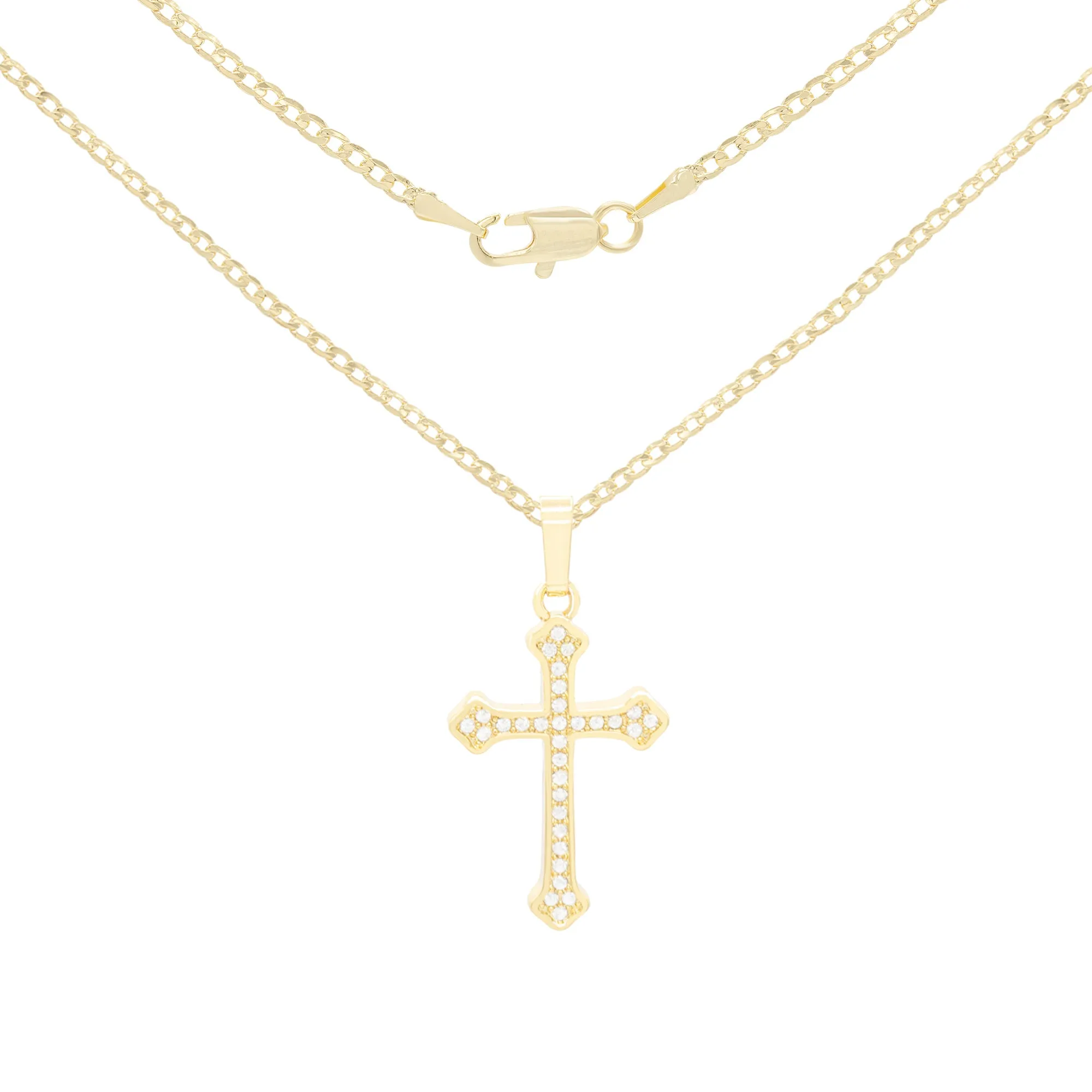 Cross 10 Cubic Zirconia Pendant 14K Gold Filled Chain Necklace Set
