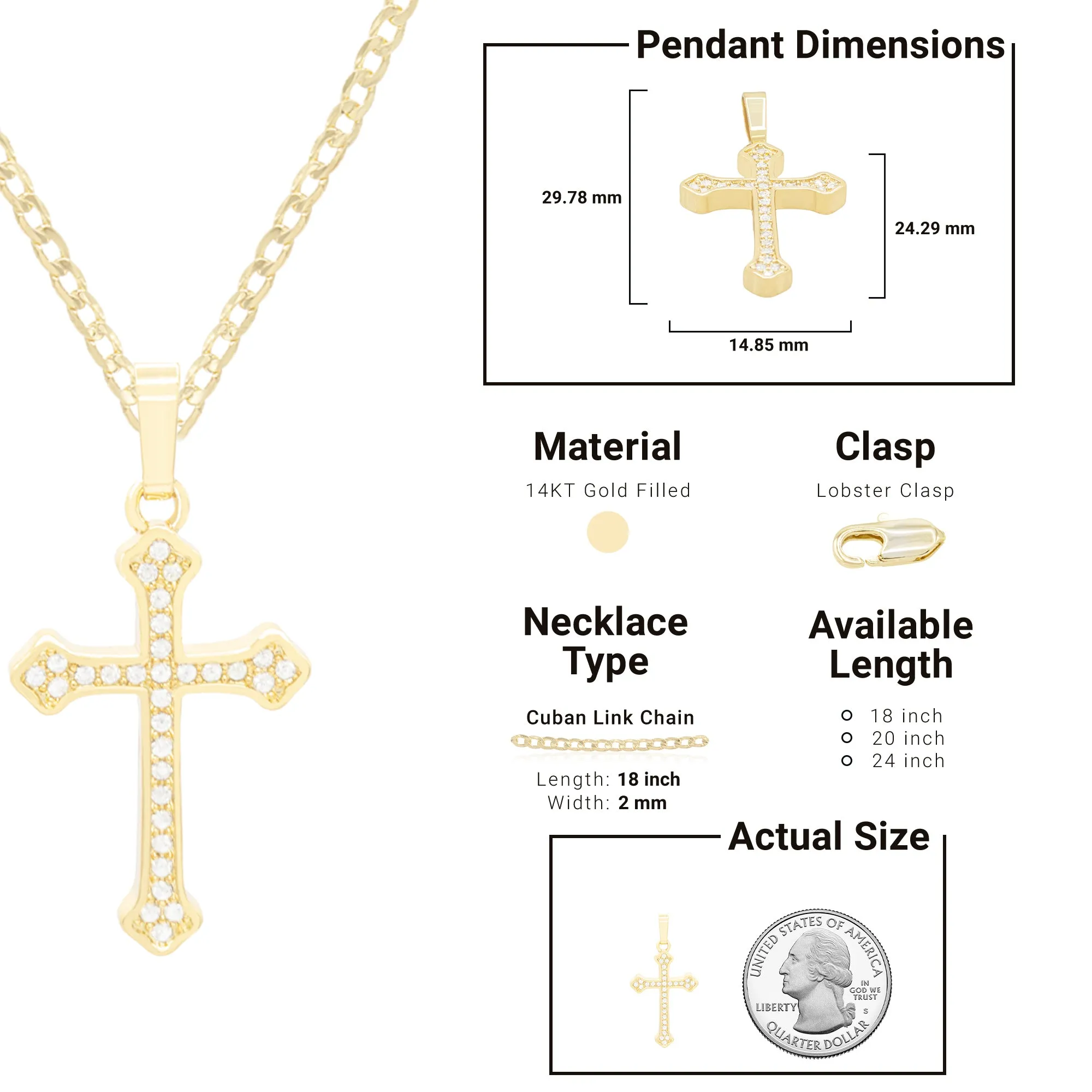 Cross 10 Cubic Zirconia Pendant 14K Gold Filled Chain Necklace Set
