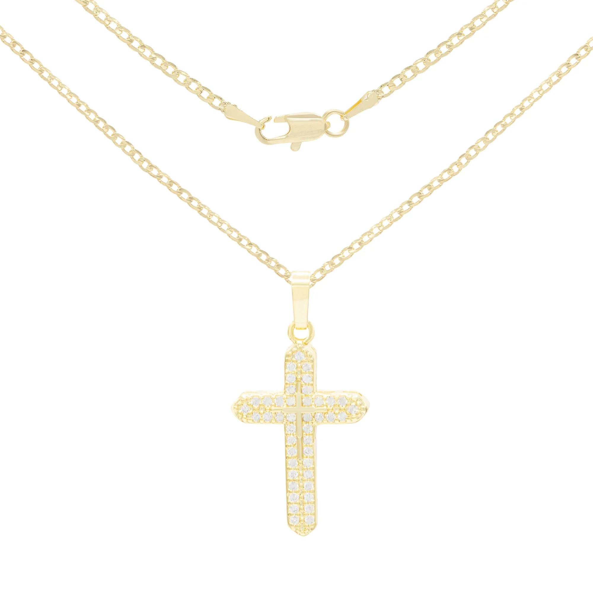 Cross 3 Cubic Zirconia Pendant With Necklace Set 14K Gold Filled