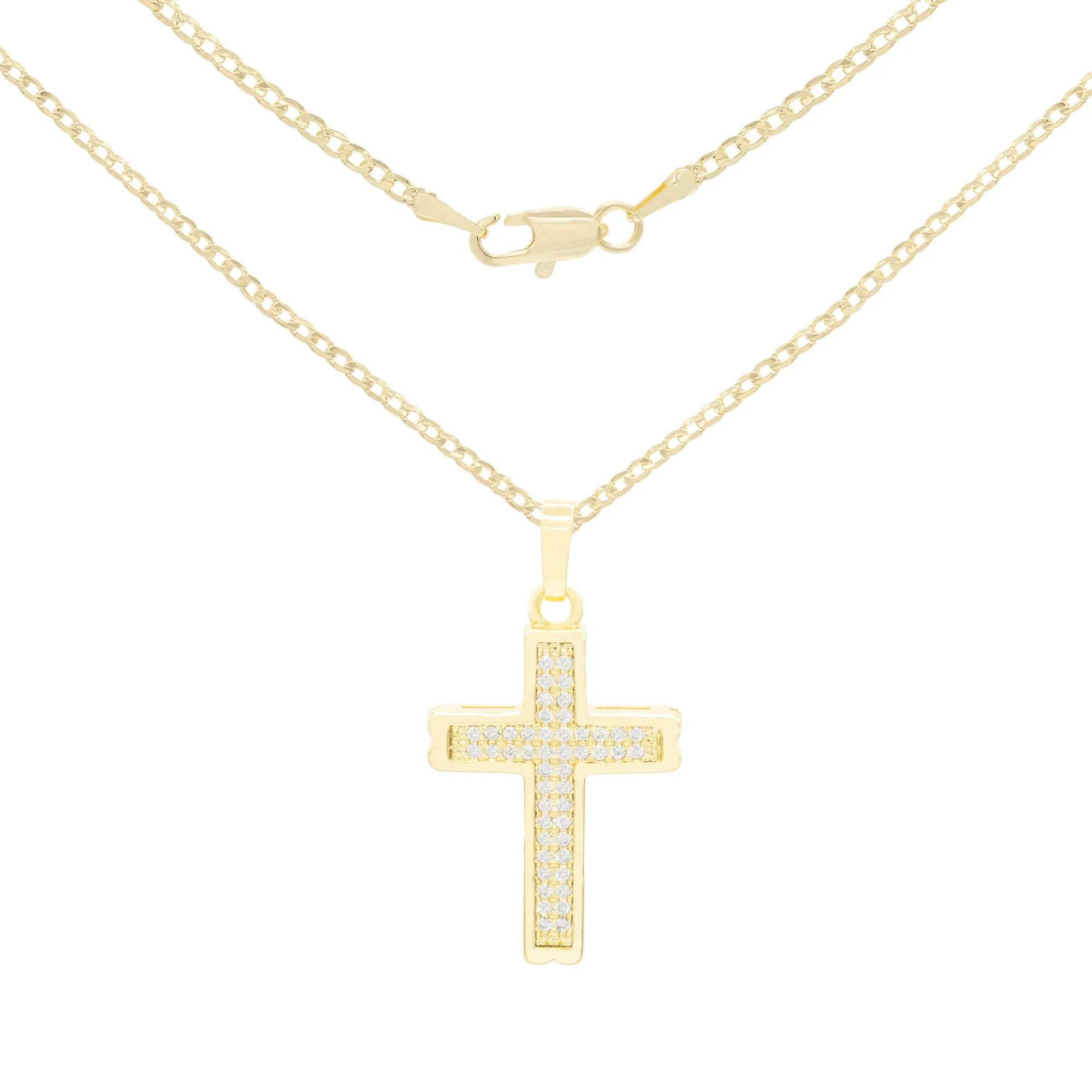 Cross 4 Cubic Zirconia Pendant 14K Gold Filled Chain Necklace Set