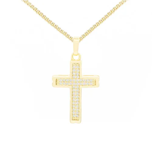 Cross 4 Cubic Zirconia Pendant 14K Gold Filled Chain Necklace Set