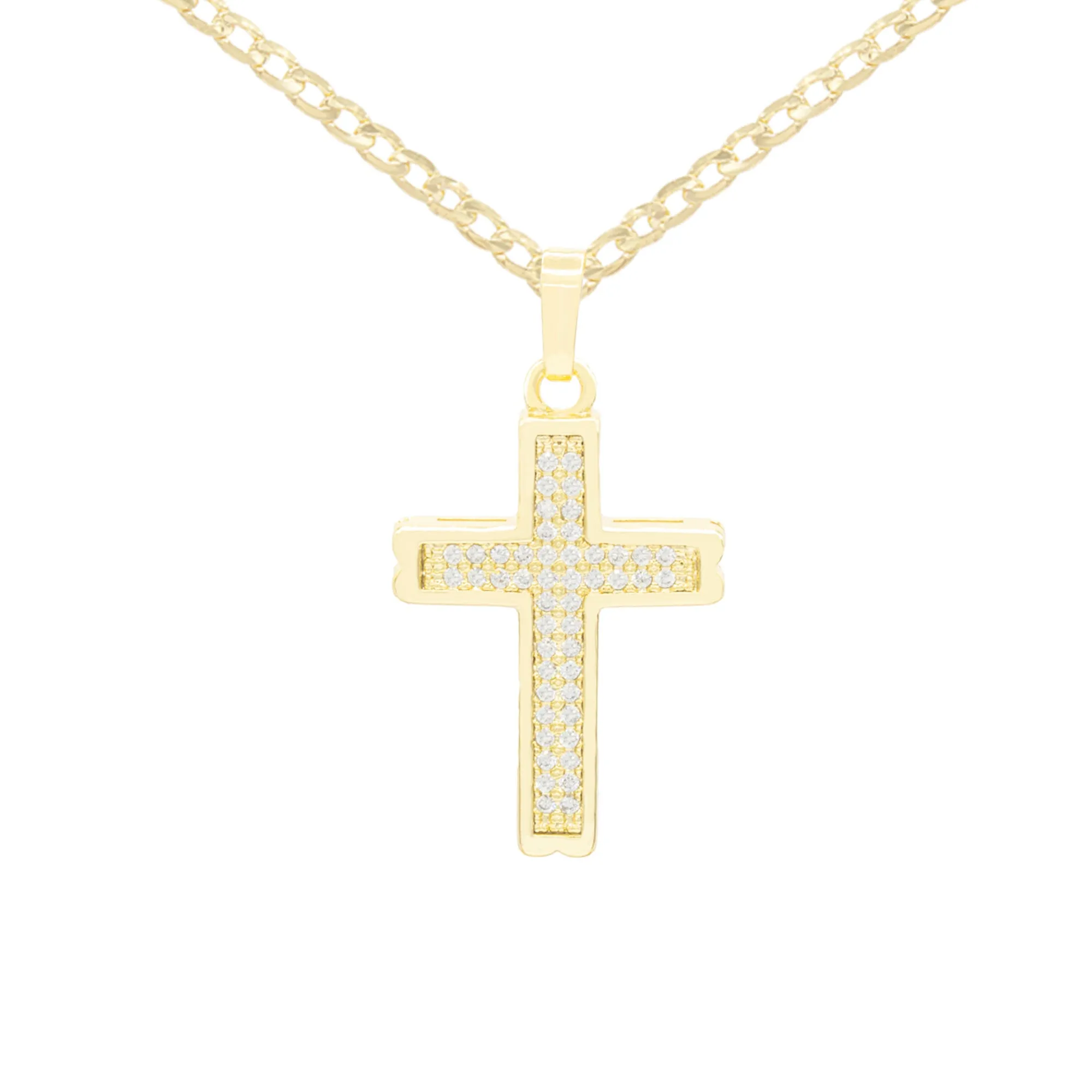 Cross 4 Cubic Zirconia Pendant 14K Gold Filled Chain Necklace Set