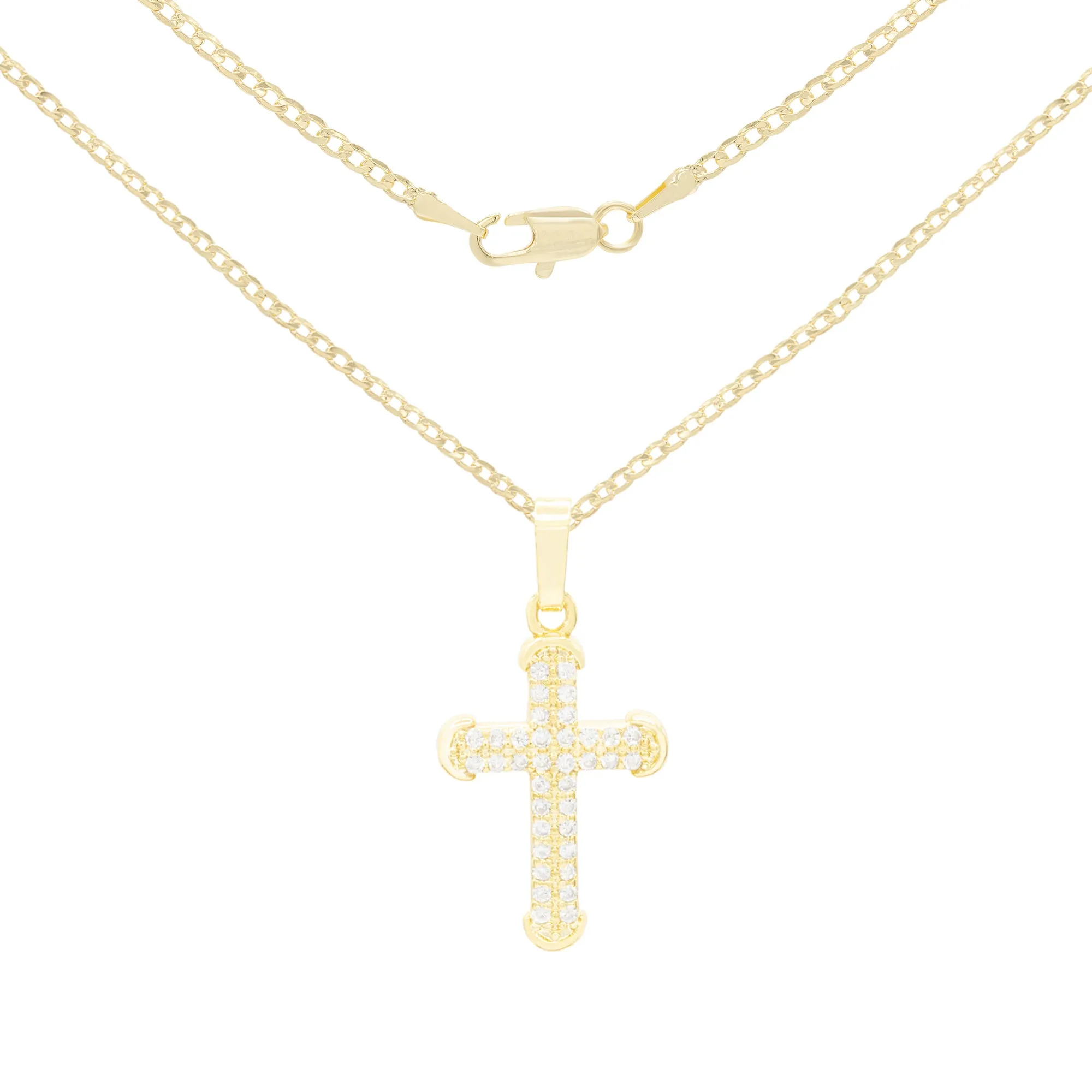 Cross 5 Cubic Zirconia Pendant 14K Gold Filled Chain Necklace Set