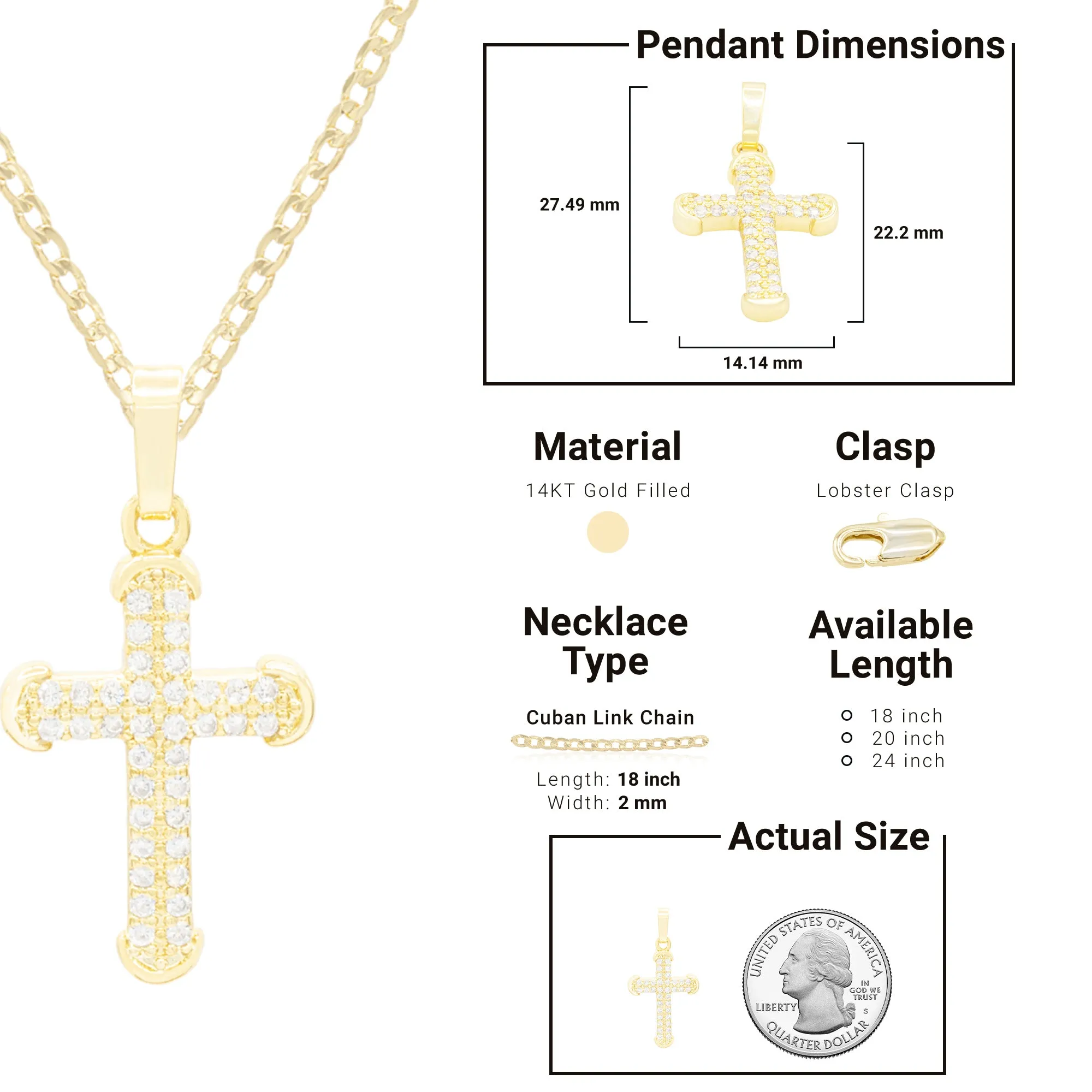Cross 5 Cubic Zirconia Pendant 14K Gold Filled Chain Necklace Set