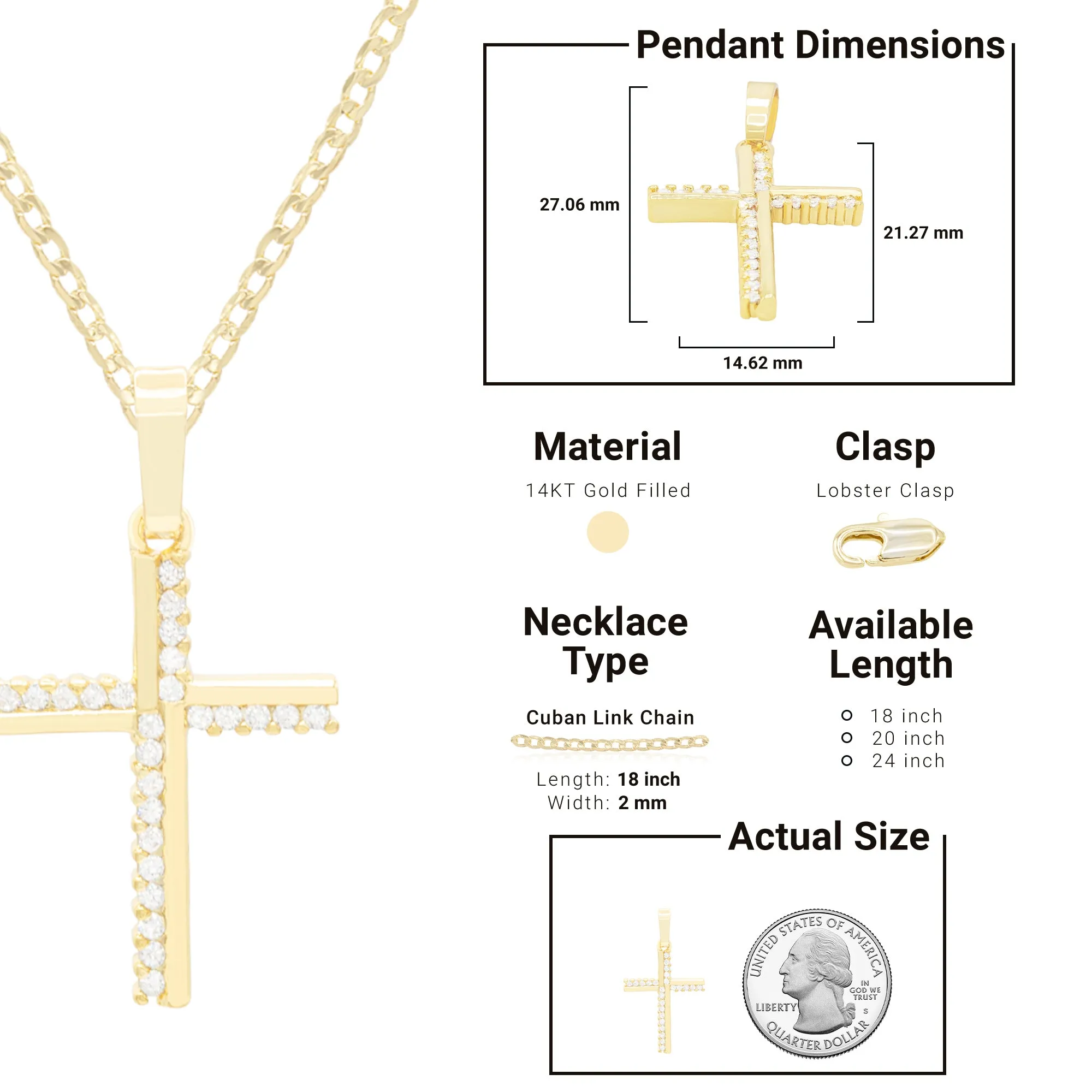 Cross 6 Cubic Zirconia Pendant 14K Gold Filled Chain Necklace Set