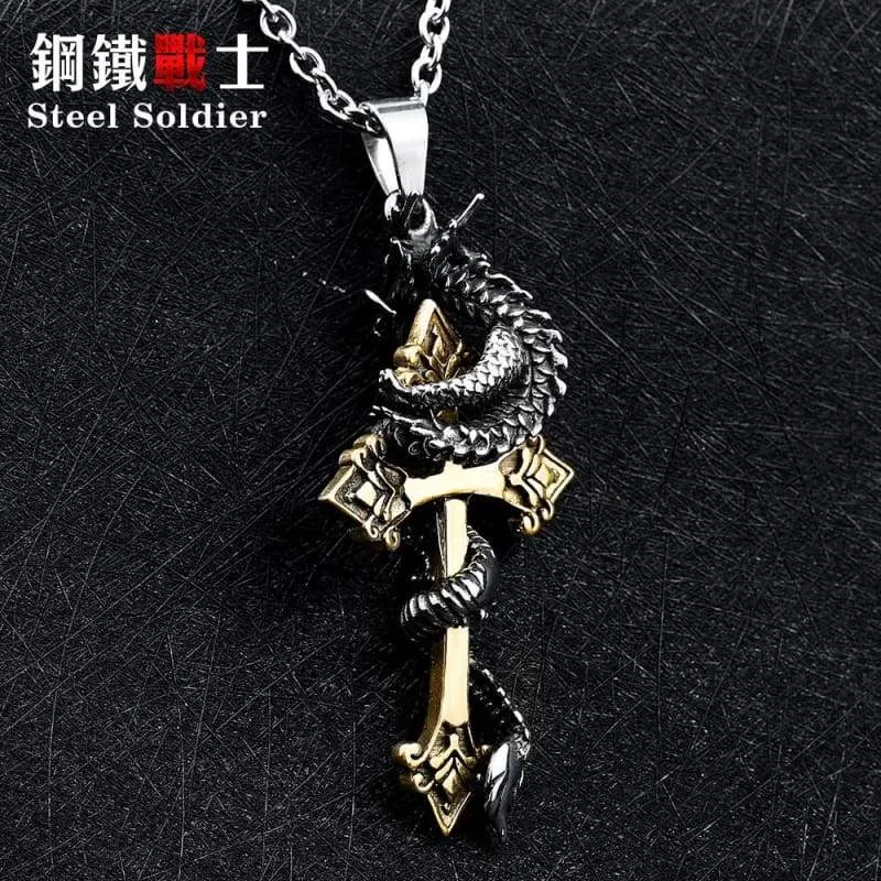 Cross dragon pendant necklace Stainless Steel 3D Men Jewelry