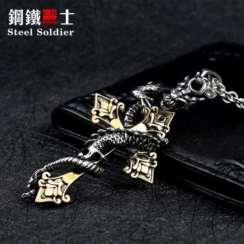 Cross dragon pendant necklace Stainless Steel 3D Men Jewelry
