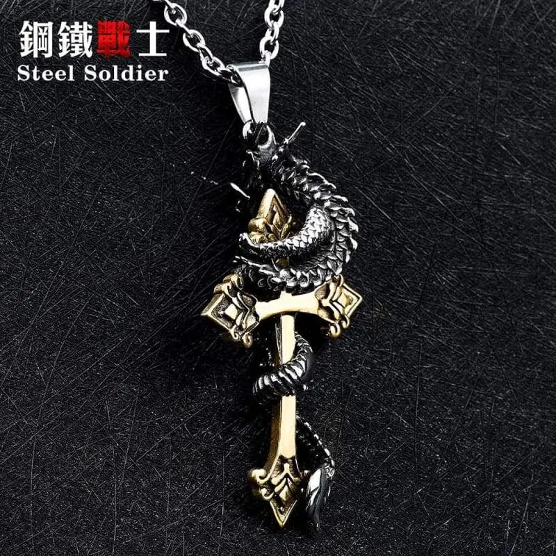 Cross dragon pendant necklace Stainless Steel 3D Men Jewelry