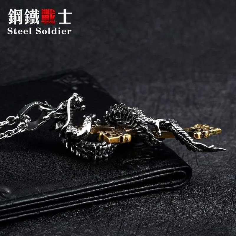 Cross dragon pendant necklace Stainless Steel 3D Men Jewelry