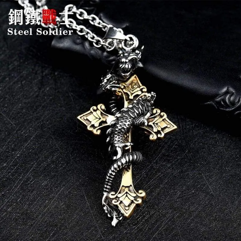 Cross dragon pendant necklace Stainless Steel 3D Men Jewelry