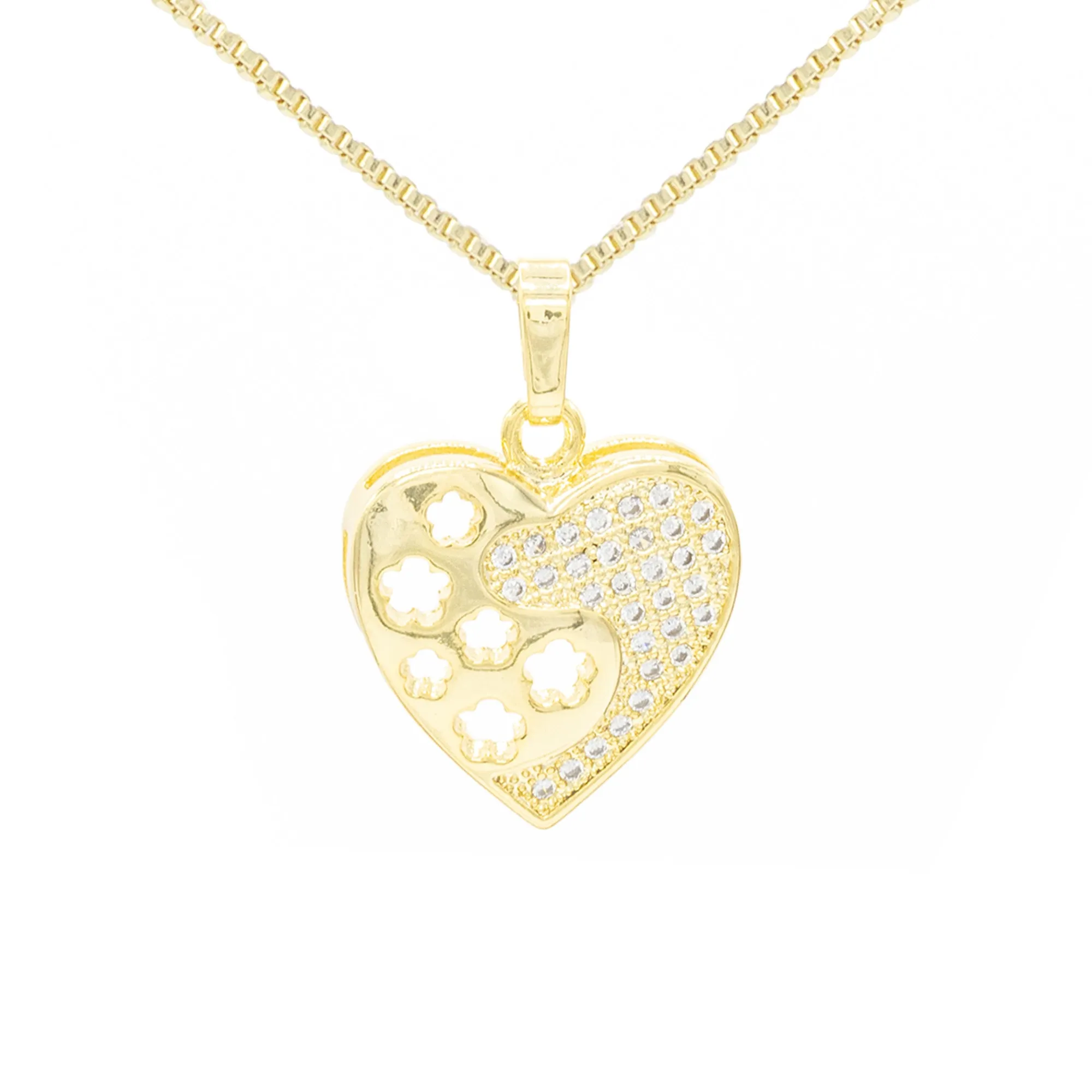 Cubic Zirconia 14K Gold Filled Heart With Flowers Pendant Necklace Set
