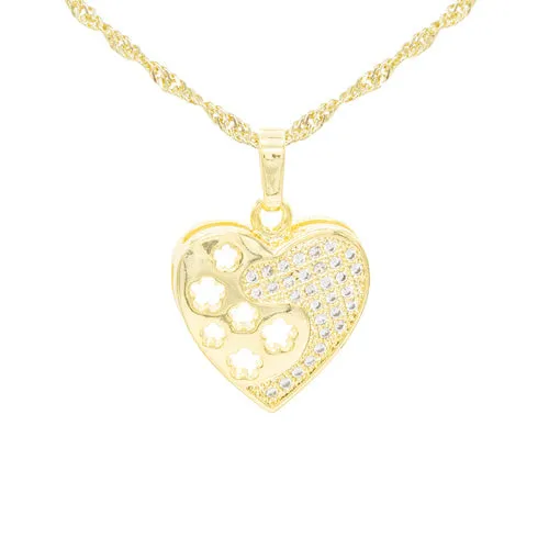 Cubic Zirconia 14K Gold Filled Heart With Flowers Pendant Necklace Set