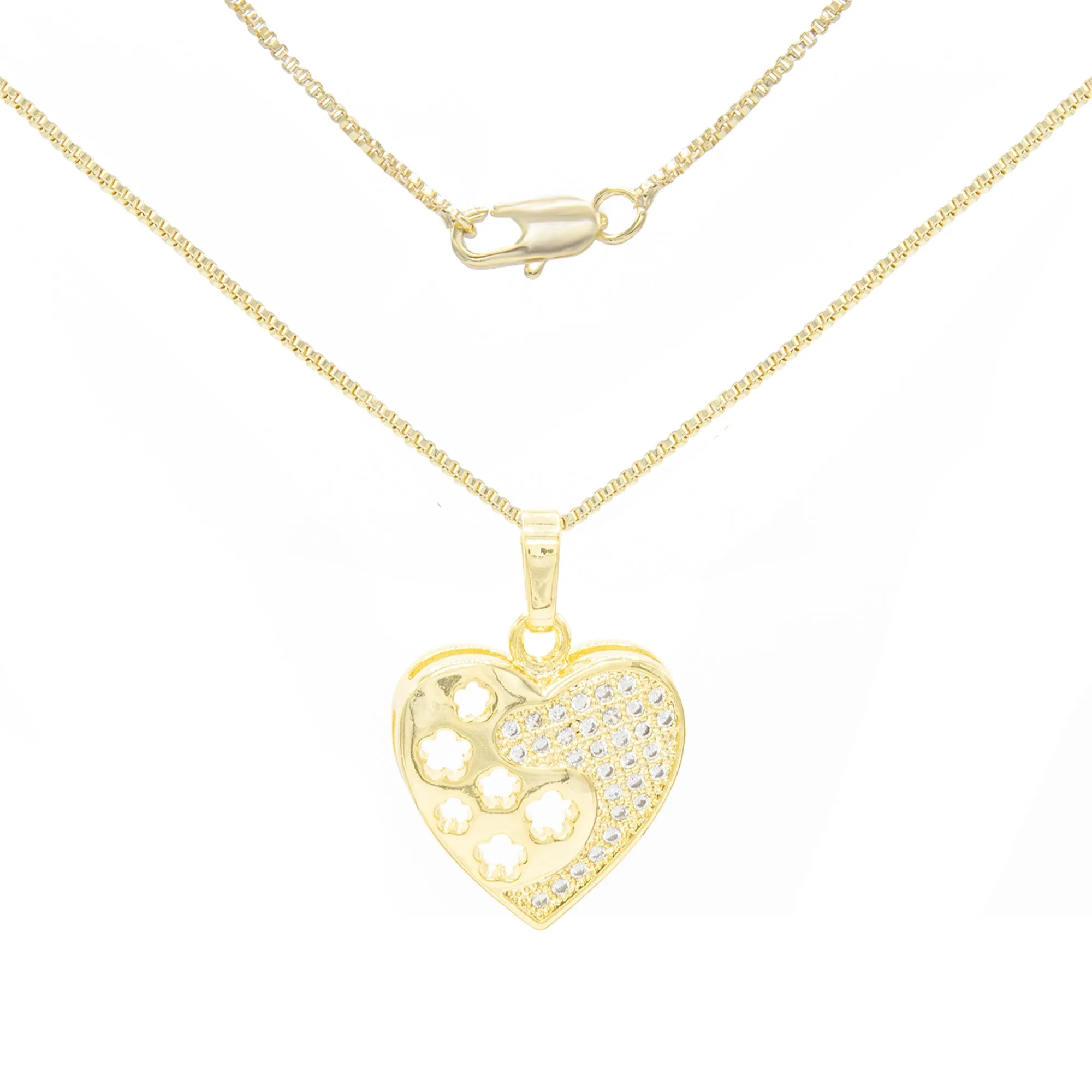 Cubic Zirconia 14K Gold Filled Heart With Flowers Pendant Necklace Set
