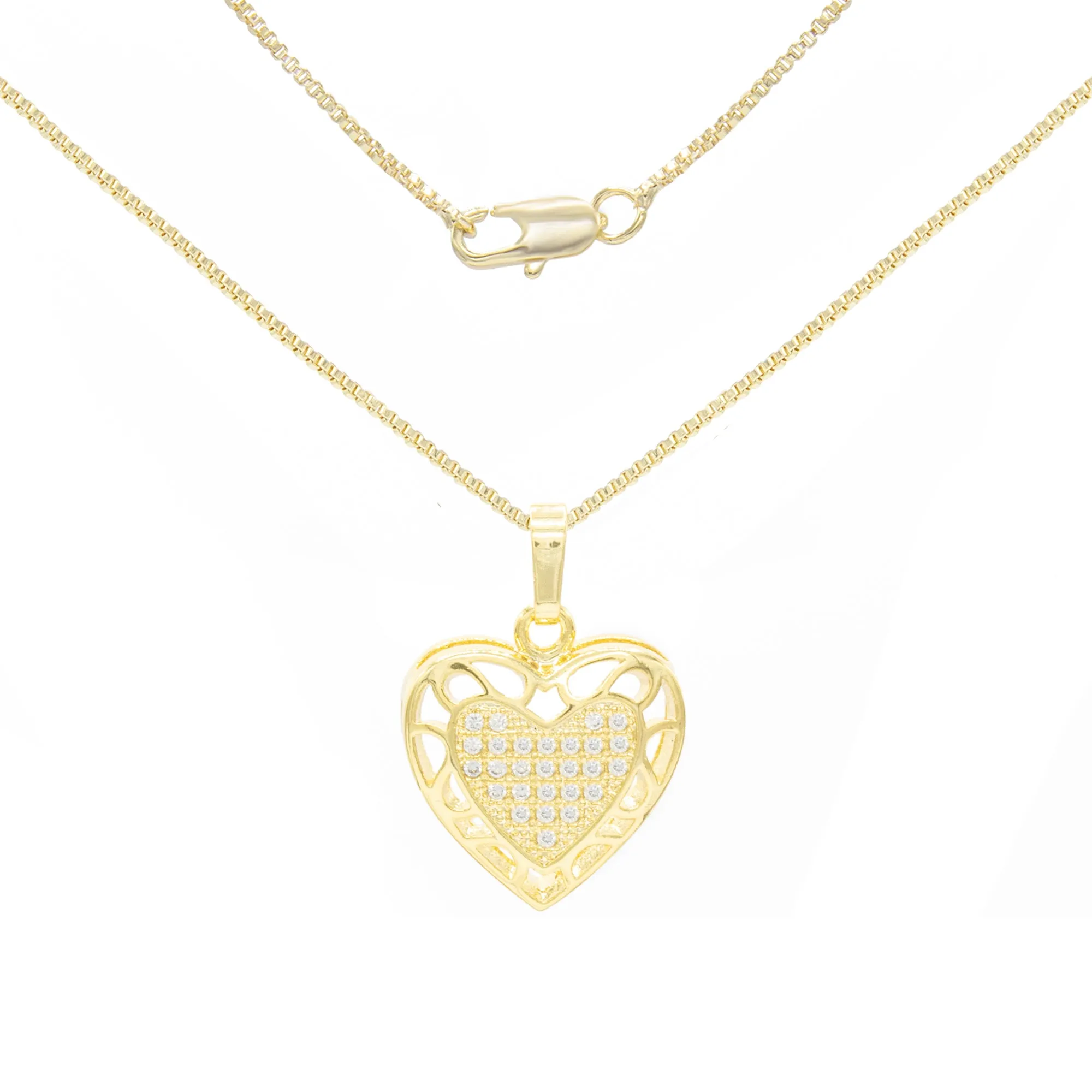 Cubic Zirconia 14K Gold Filled Hollow Heart Pendant Necklace Set