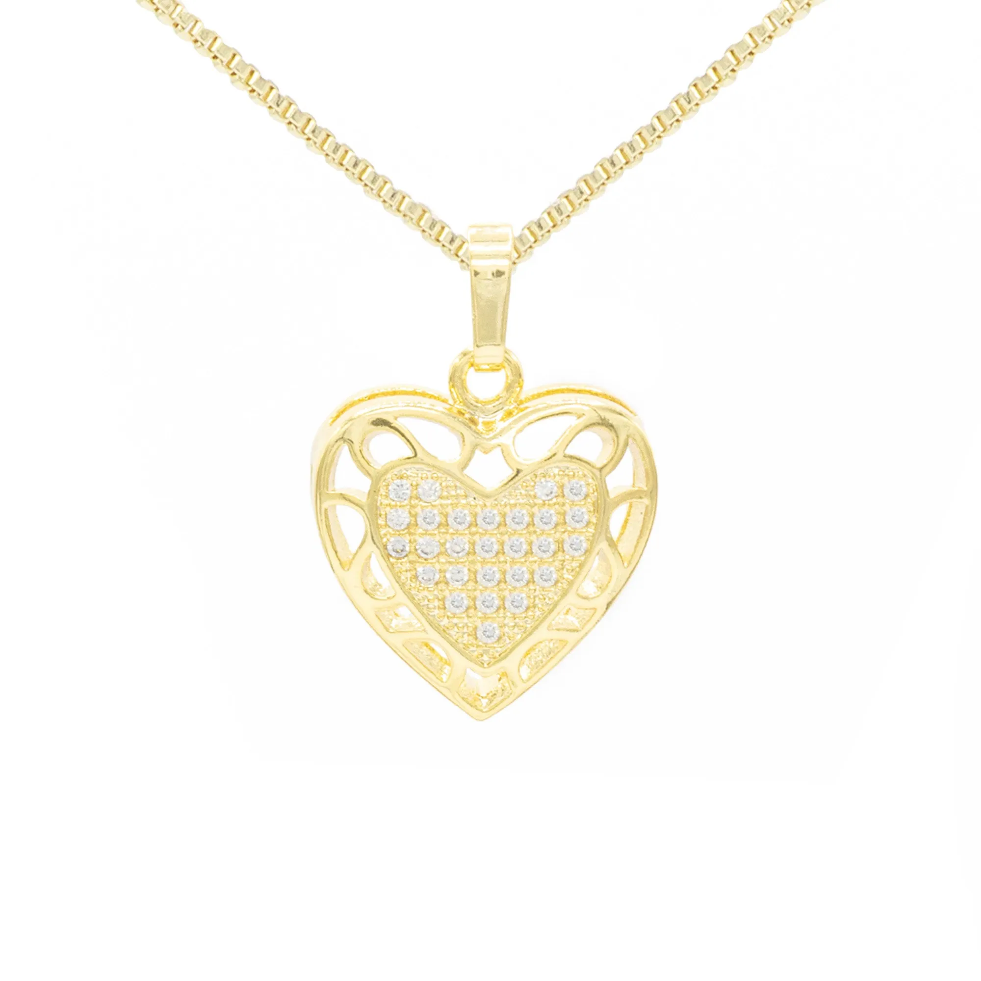 Cubic Zirconia 14K Gold Filled Hollow Heart Pendant Necklace Set