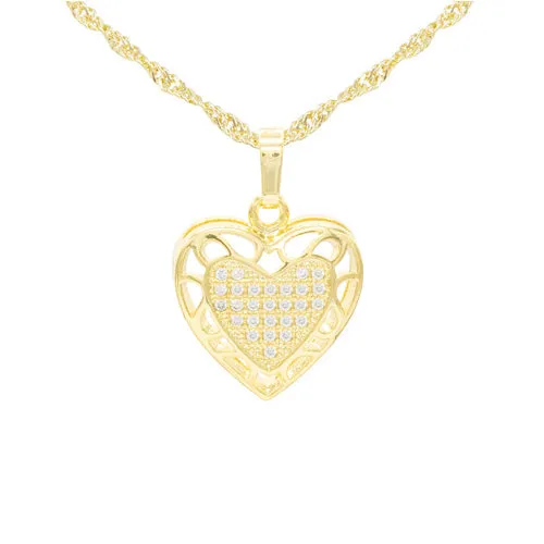 Cubic Zirconia 14K Gold Filled Hollow Heart Pendant Necklace Set