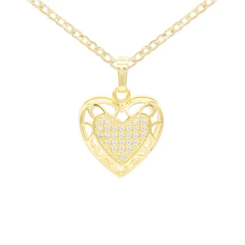 Cubic Zirconia 14K Gold Filled Hollow Heart Pendant Necklace Set