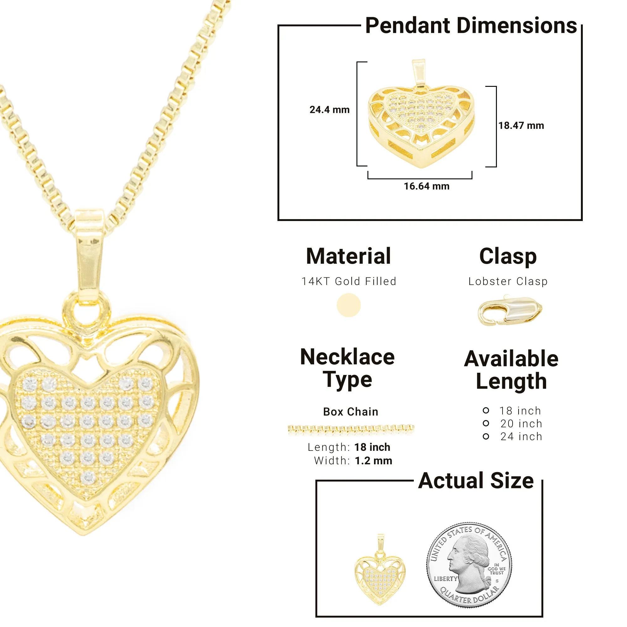 Cubic Zirconia 14K Gold Filled Hollow Heart Pendant Necklace Set