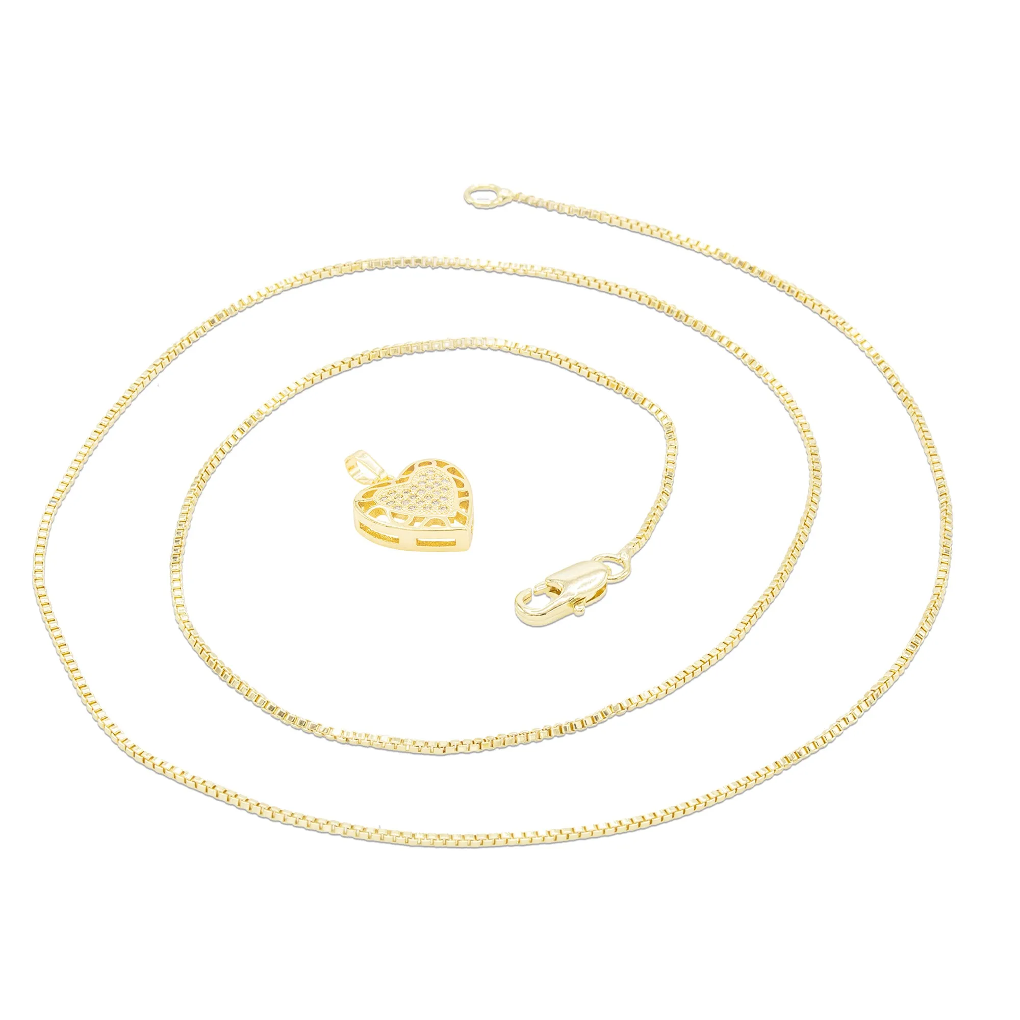 Cubic Zirconia 14K Gold Filled Hollow Heart Pendant Necklace Set